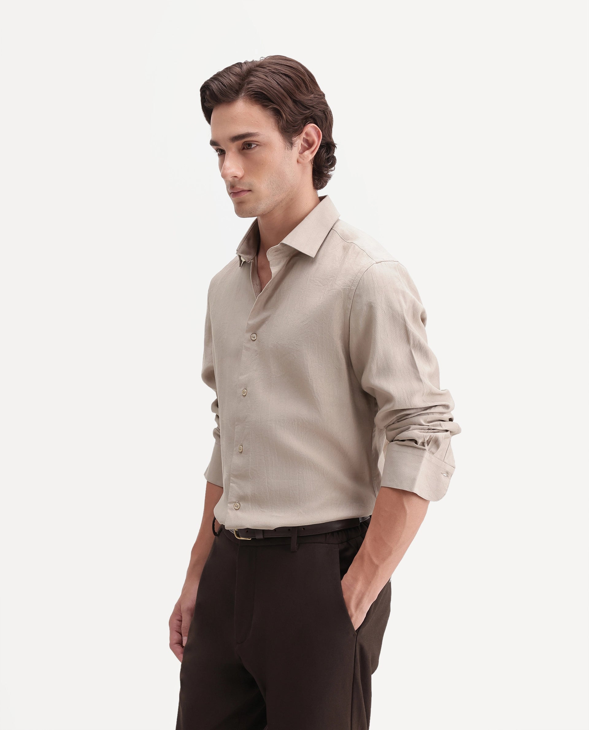 Rare Rabbit Men's Calb Beige Viscose Blend Button Regular Fit Plain Shirt