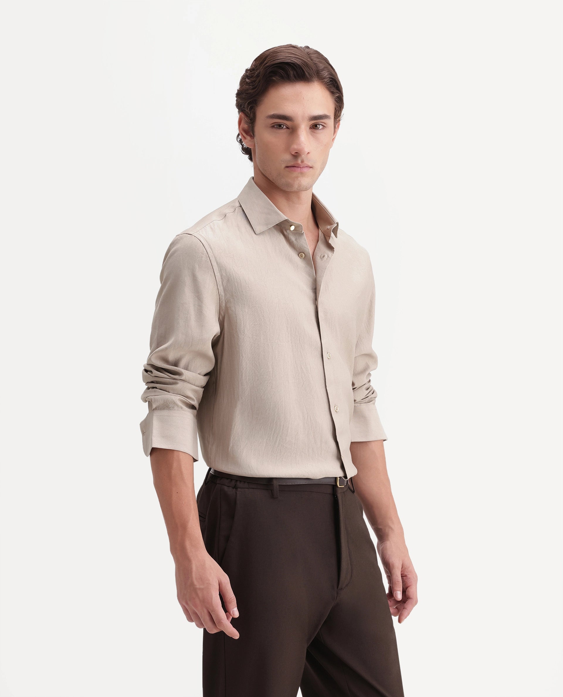 Rare Rabbit Men's Calb Beige Viscose Blend Button Regular Fit Plain Shirt