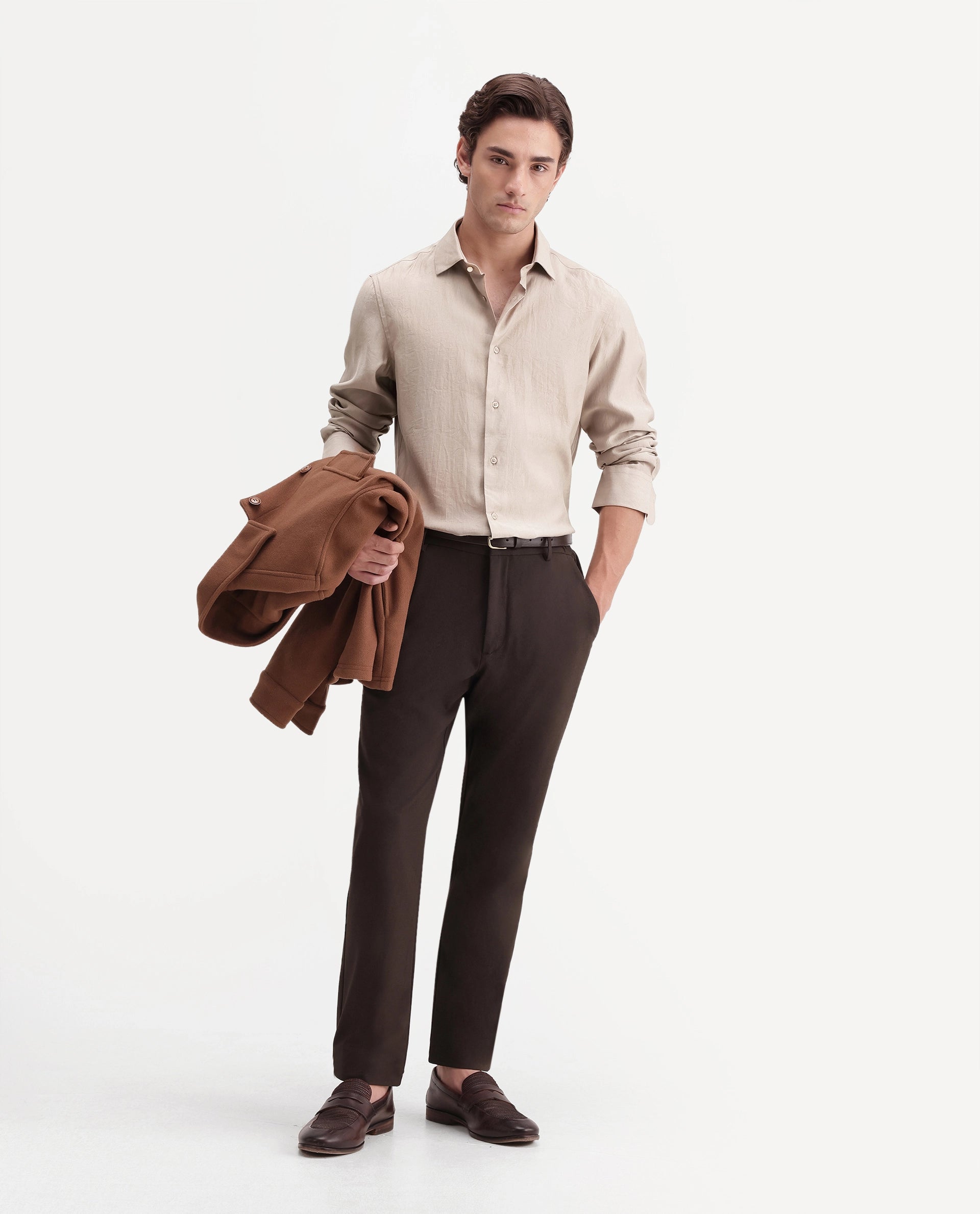 Rare Rabbit Men's Calb Beige Viscose Blend Button Regular Fit Plain Shirt