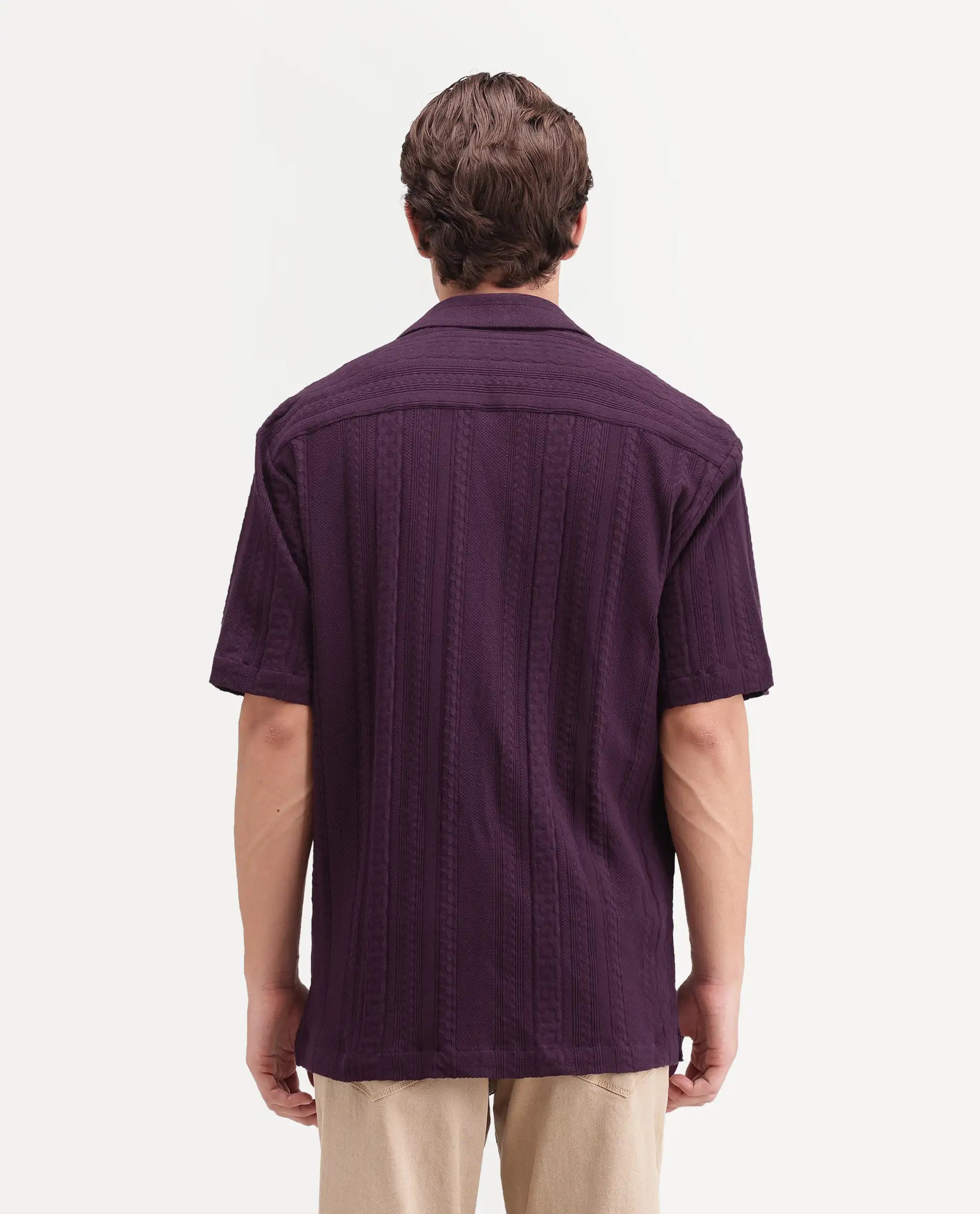 Rare Rabbit Men's Kram Dark Purple Cotton Button Relaxed Fit Jacquard Shirt