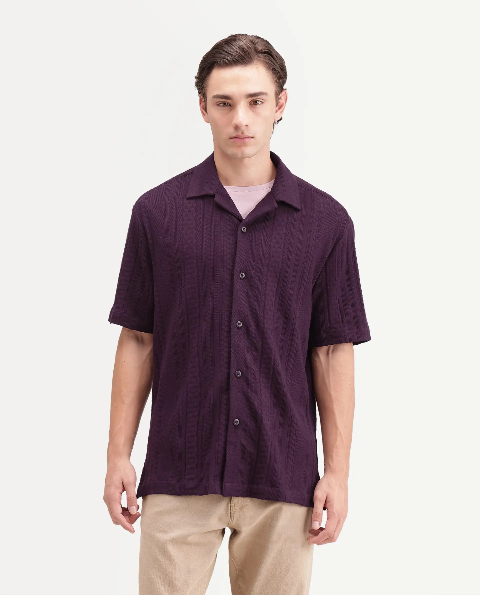 Rare Rabbit Men's Kram Dark Purple Cotton Button Relaxed Fit Jacquard Shirt