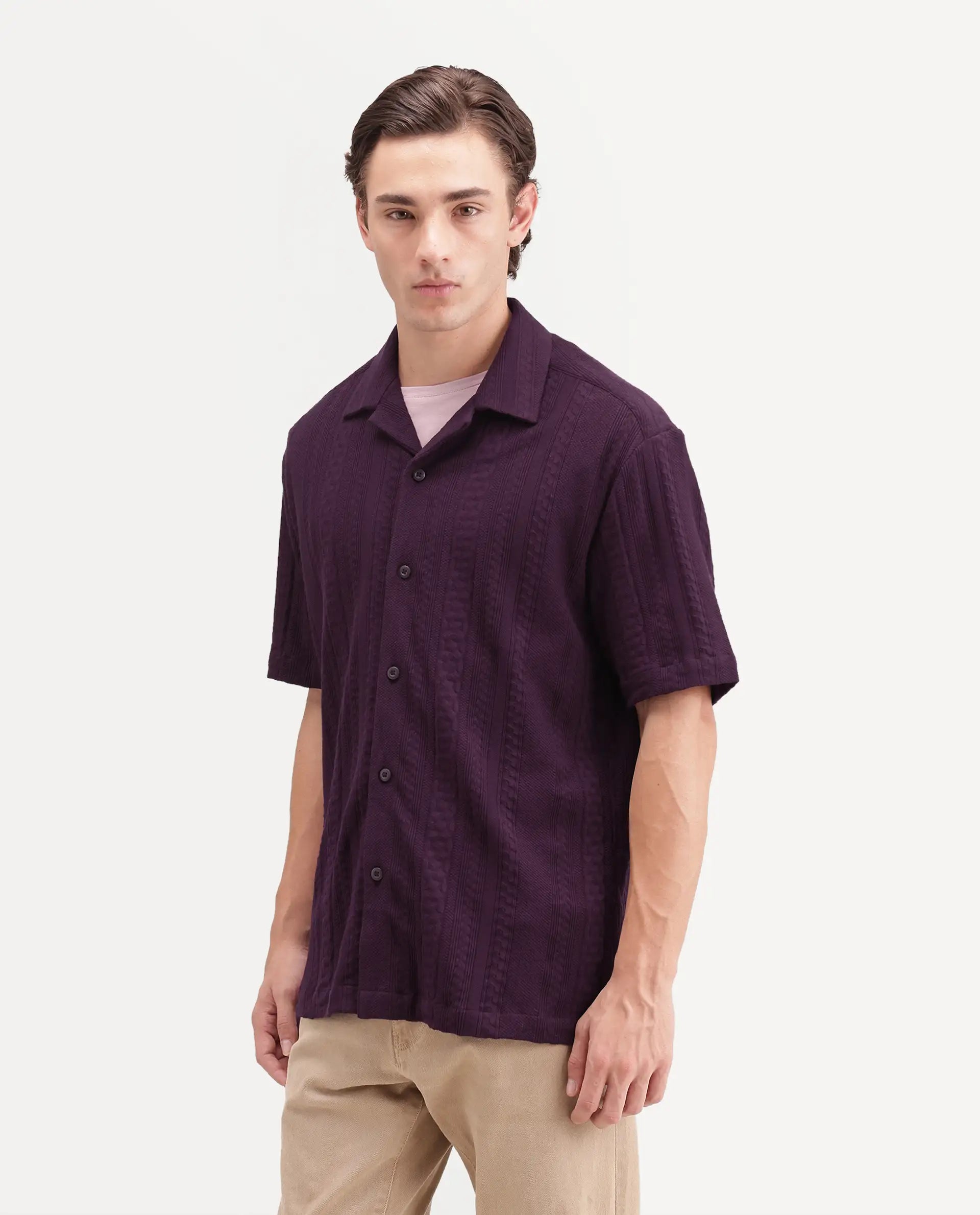 Rare Rabbit Men's Kram Dark Purple Cotton Button Relaxed Fit Jacquard Shirt