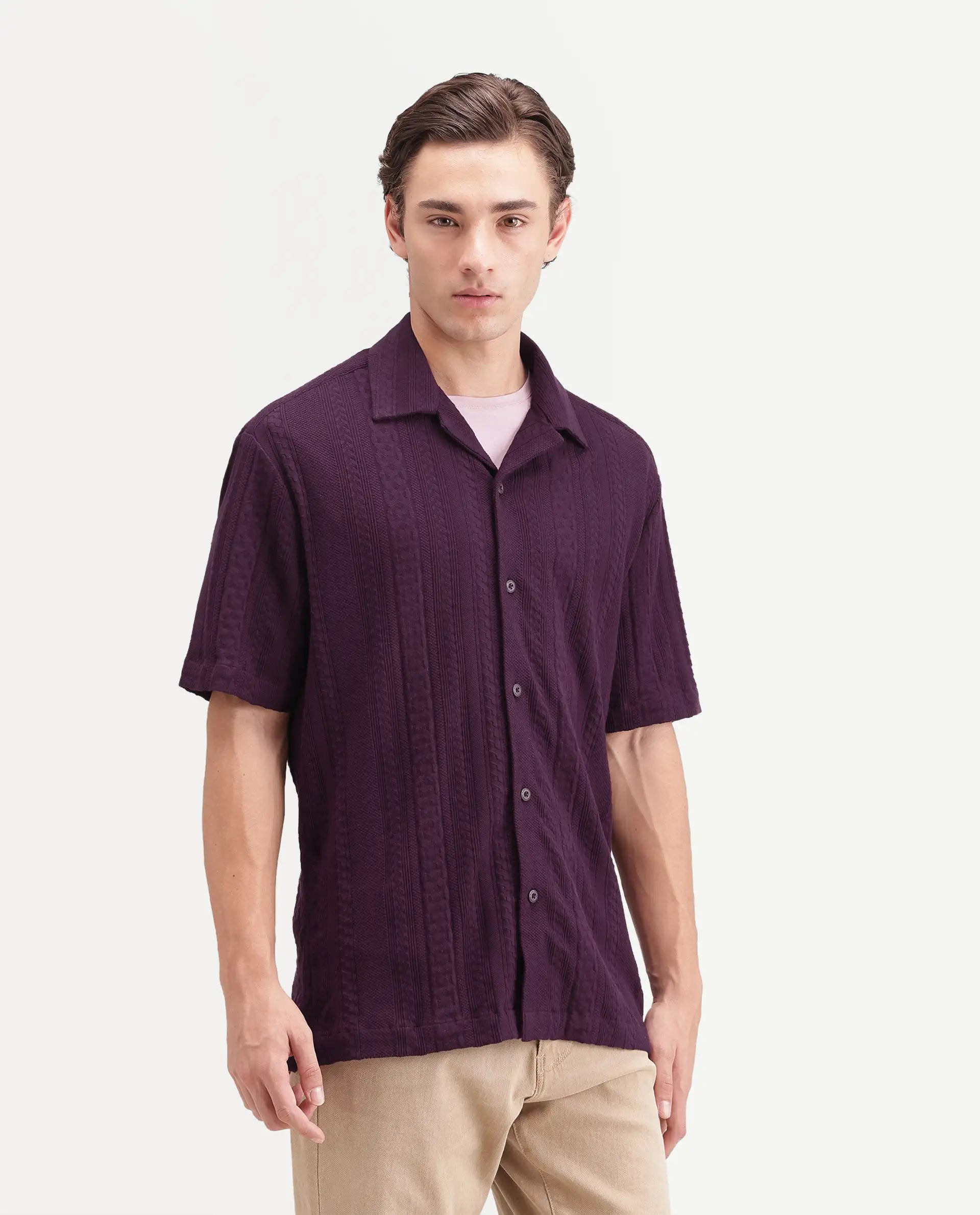 Rare Rabbit Men's Kram Dark Purple Cotton Button Relaxed Fit Jacquard Shirt