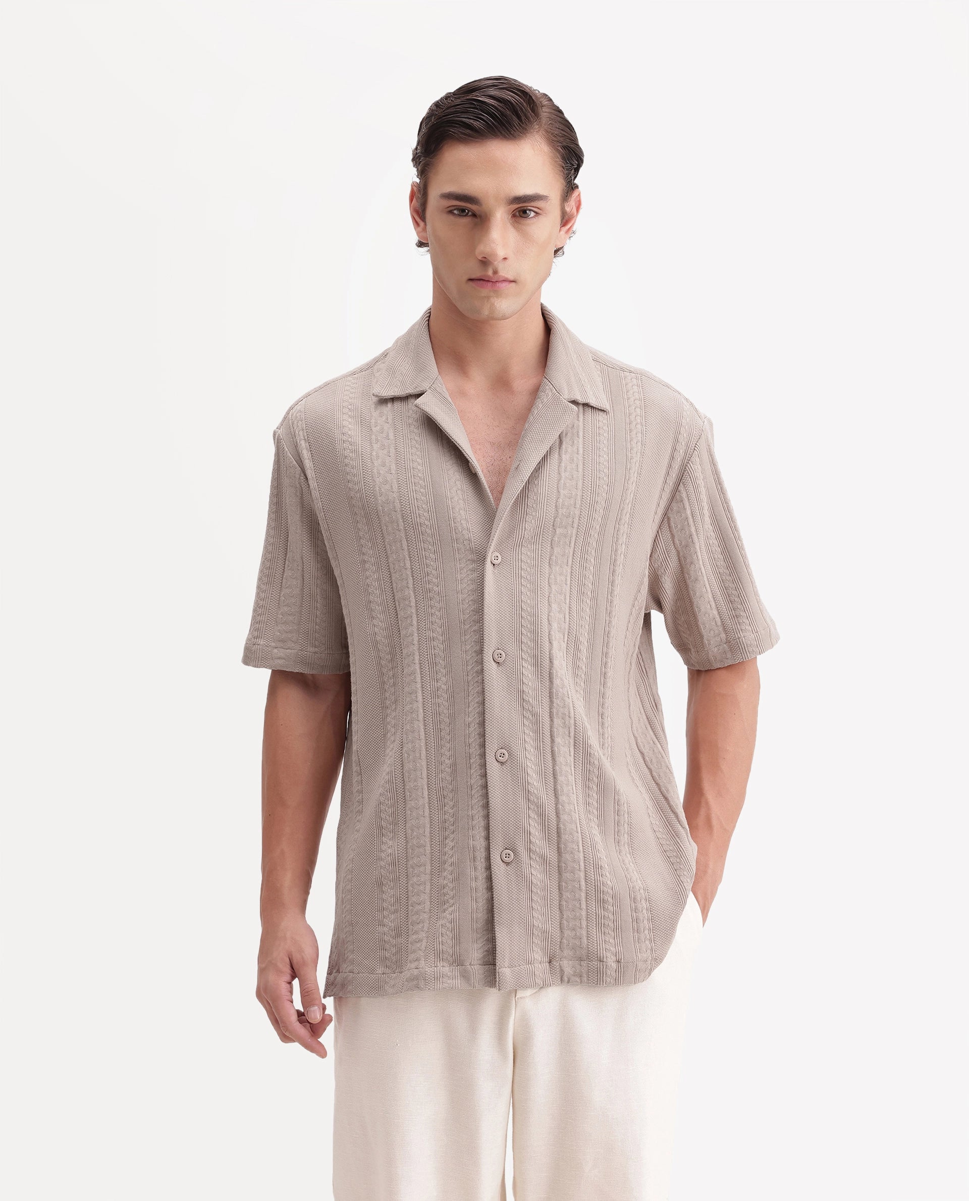 Rare Rabbit Men's Kram Beige Cotton Button Relaxed Fit Jacquard Shirt
