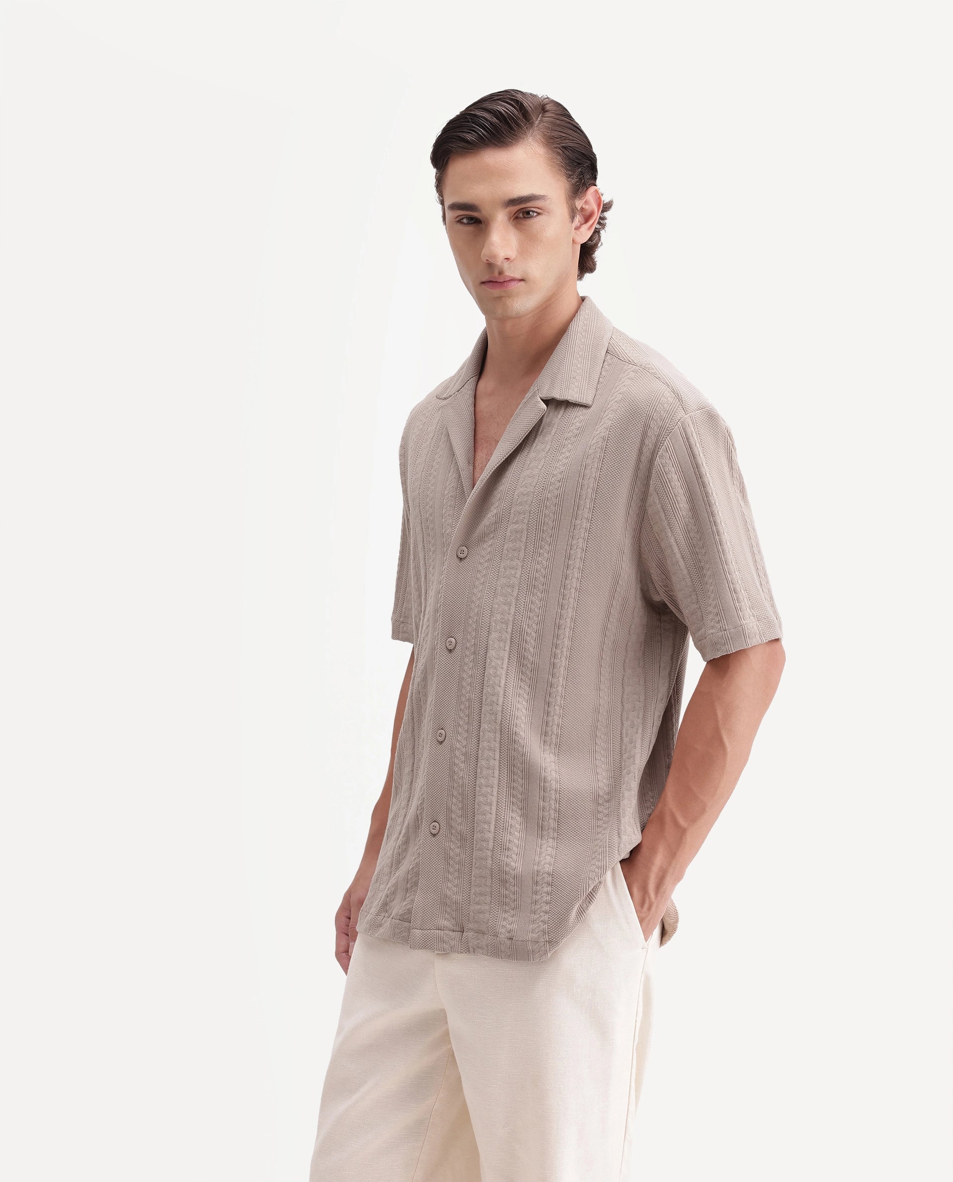 Rare Rabbit Men's Kram Beige Cotton Button Relaxed Fit Jacquard Shirt