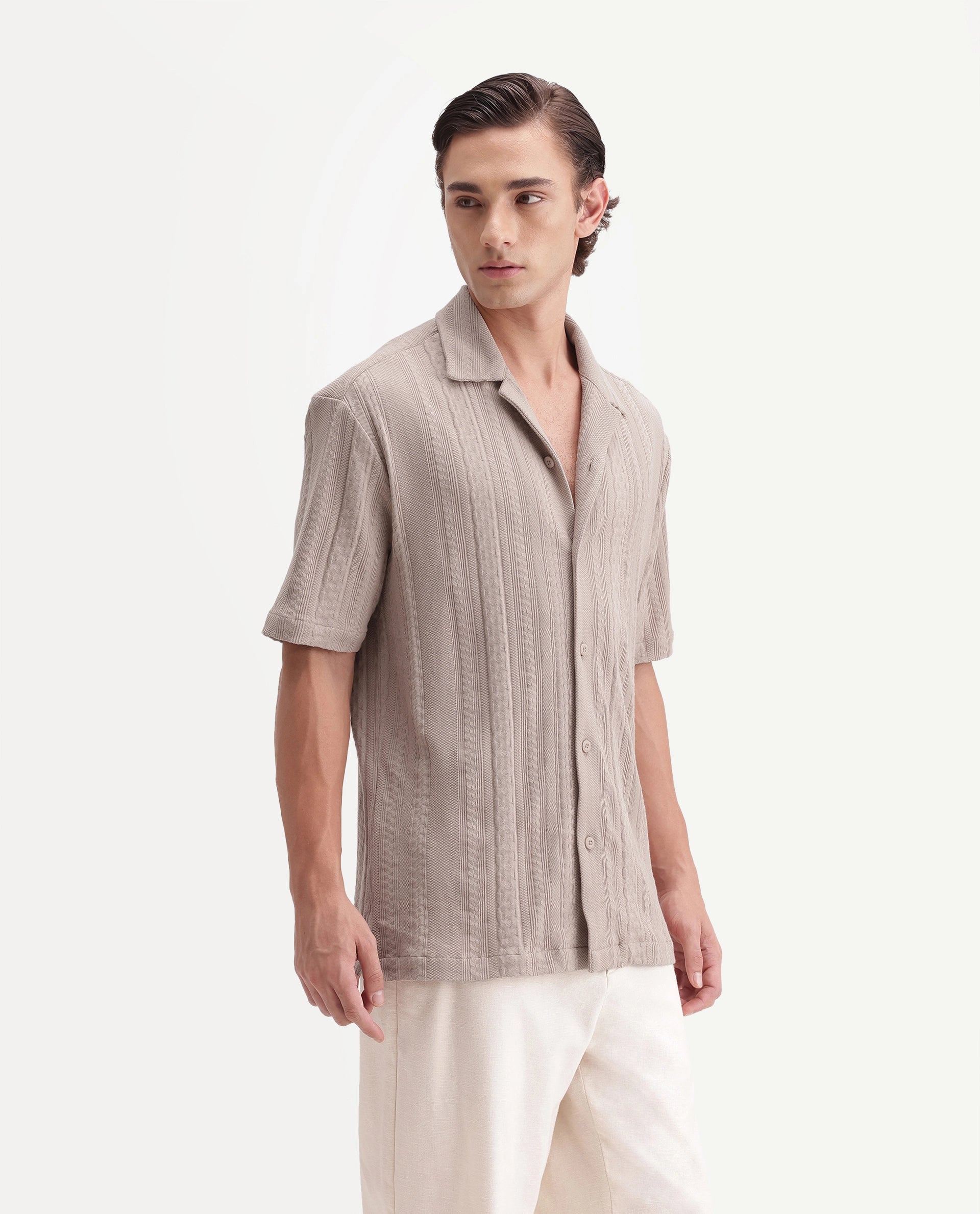Rare Rabbit Men's Kram Beige Cotton Button Relaxed Fit Jacquard Shirt