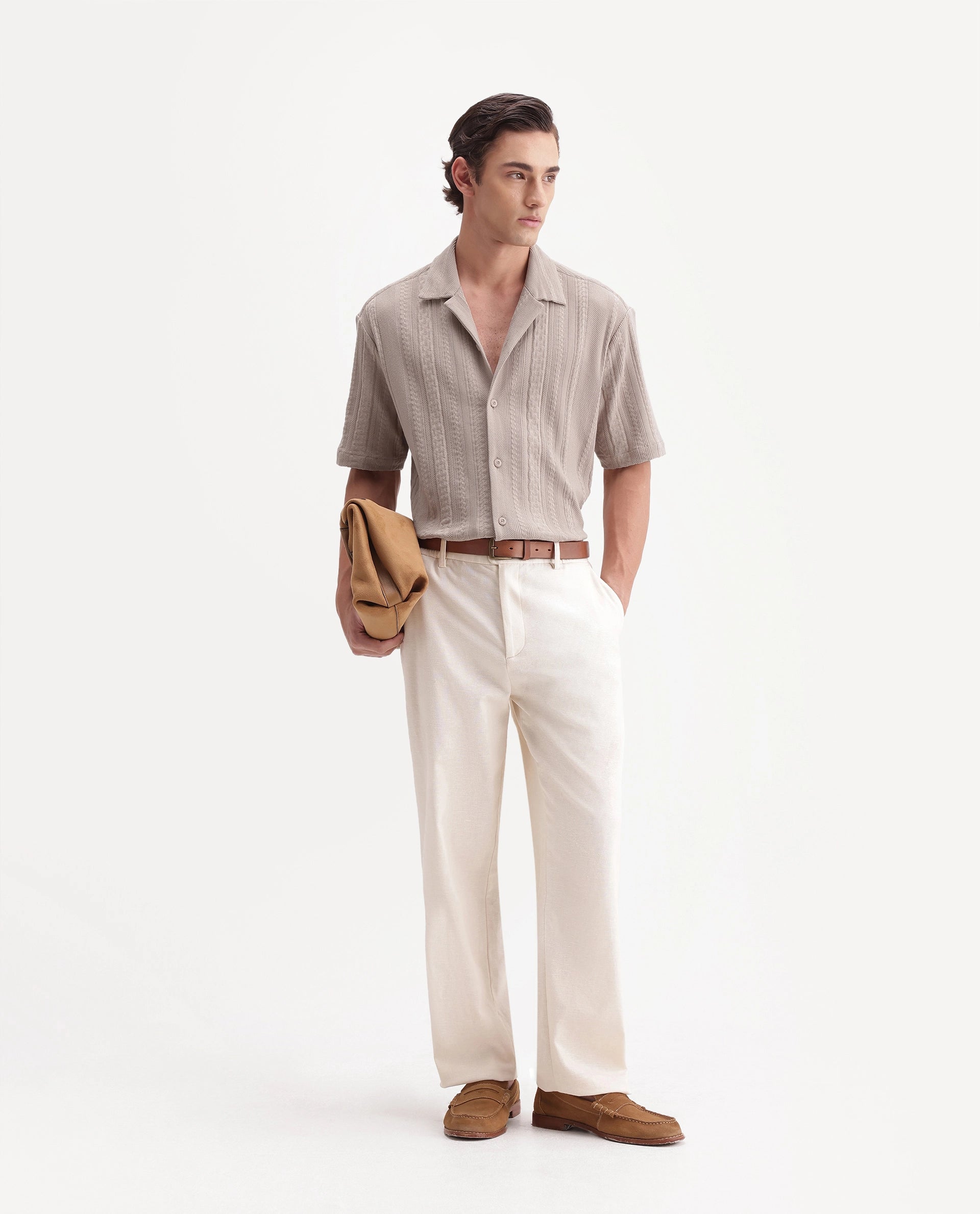 Rare Rabbit Men's Kram Beige Cotton Button Relaxed Fit Jacquard Shirt