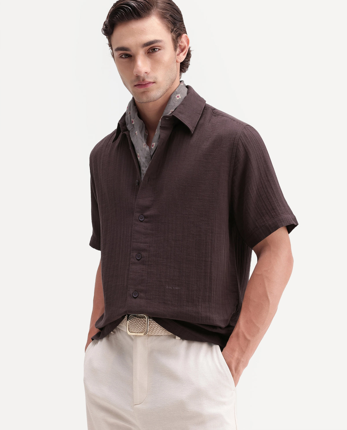 Rare Rabbit Men's Layerr Ss-A26 Dark Brown Cotton Button Regular Fit Plain Shirt