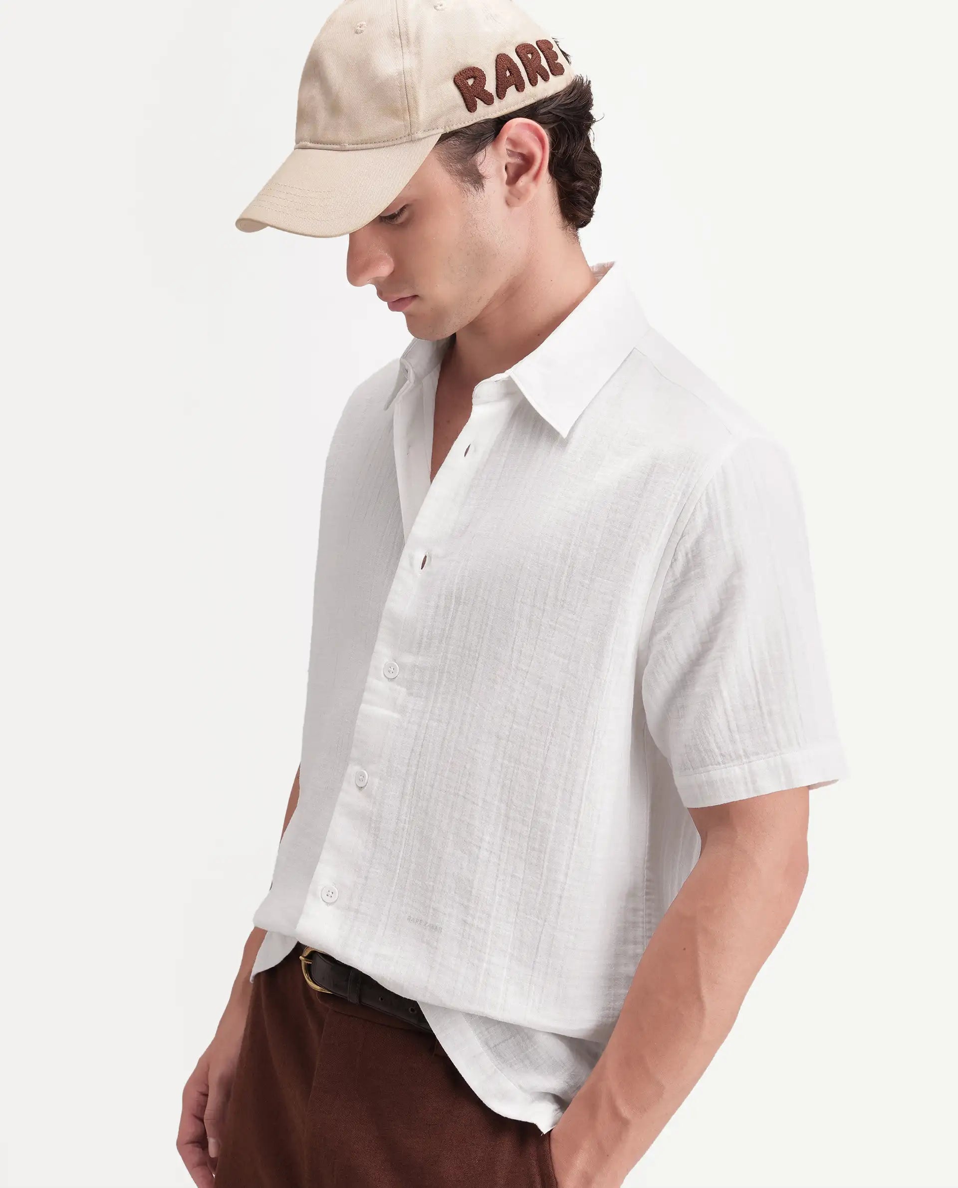 Rare Rabbit Men's Layerr Ss-A26 White Cotton Button Regular Fit Plain Shirt