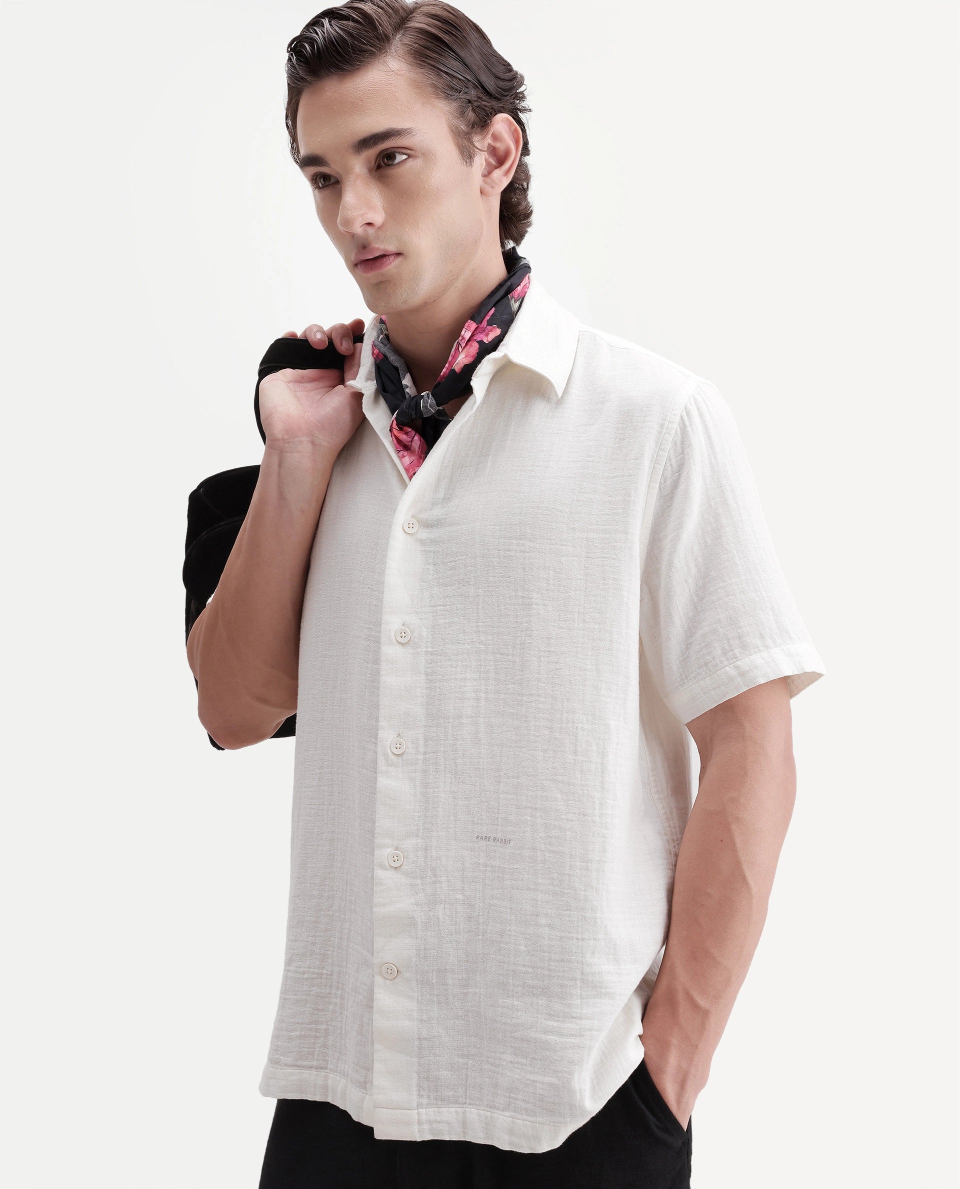 Rare Rabbit Men's Layerr Ss-A26 Off White Cotton Button Regular Fit Plain Shirt