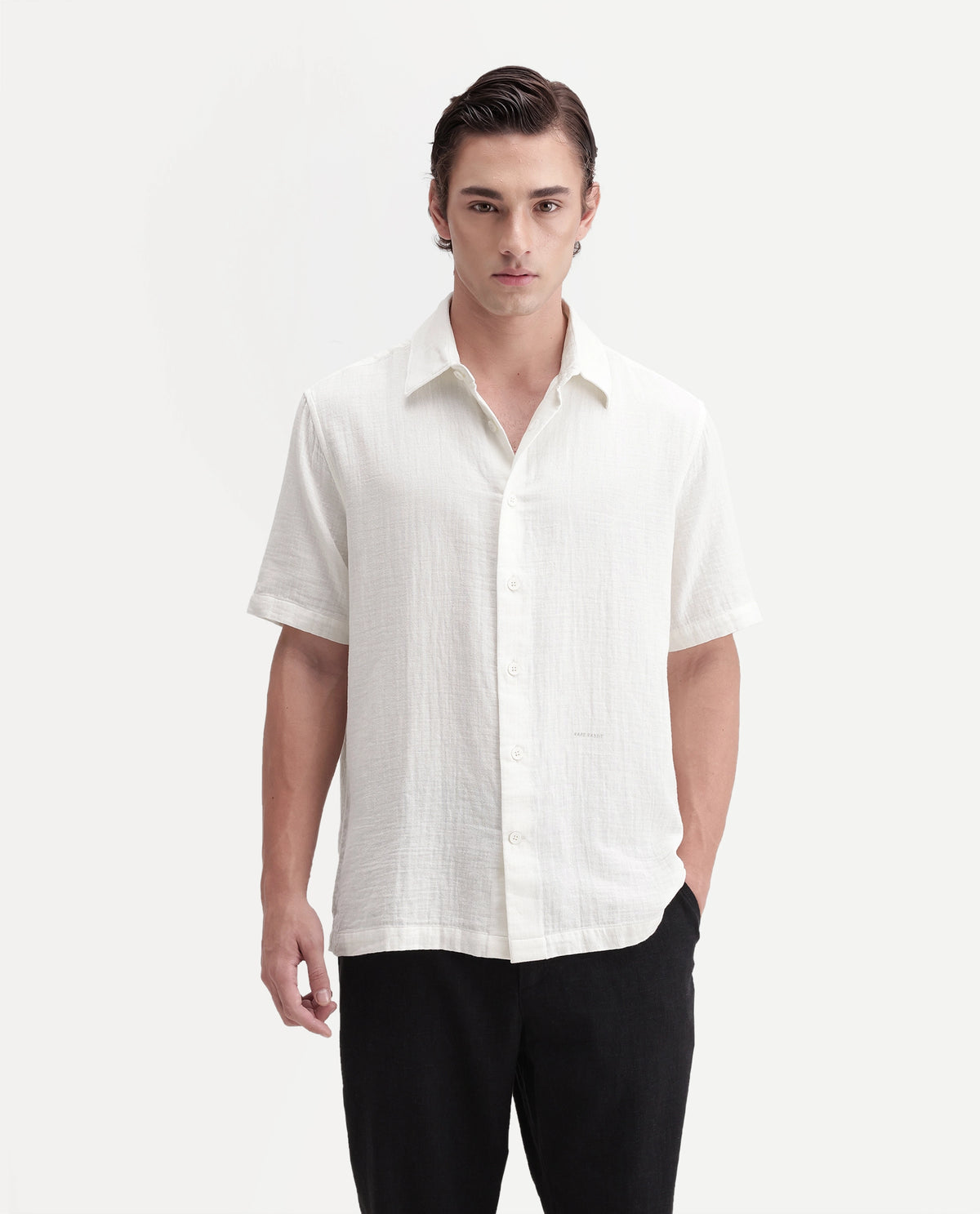 Rare Rabbit Men's Layerr Ss-A26 Off White Cotton Button Regular Fit Plain Shirt