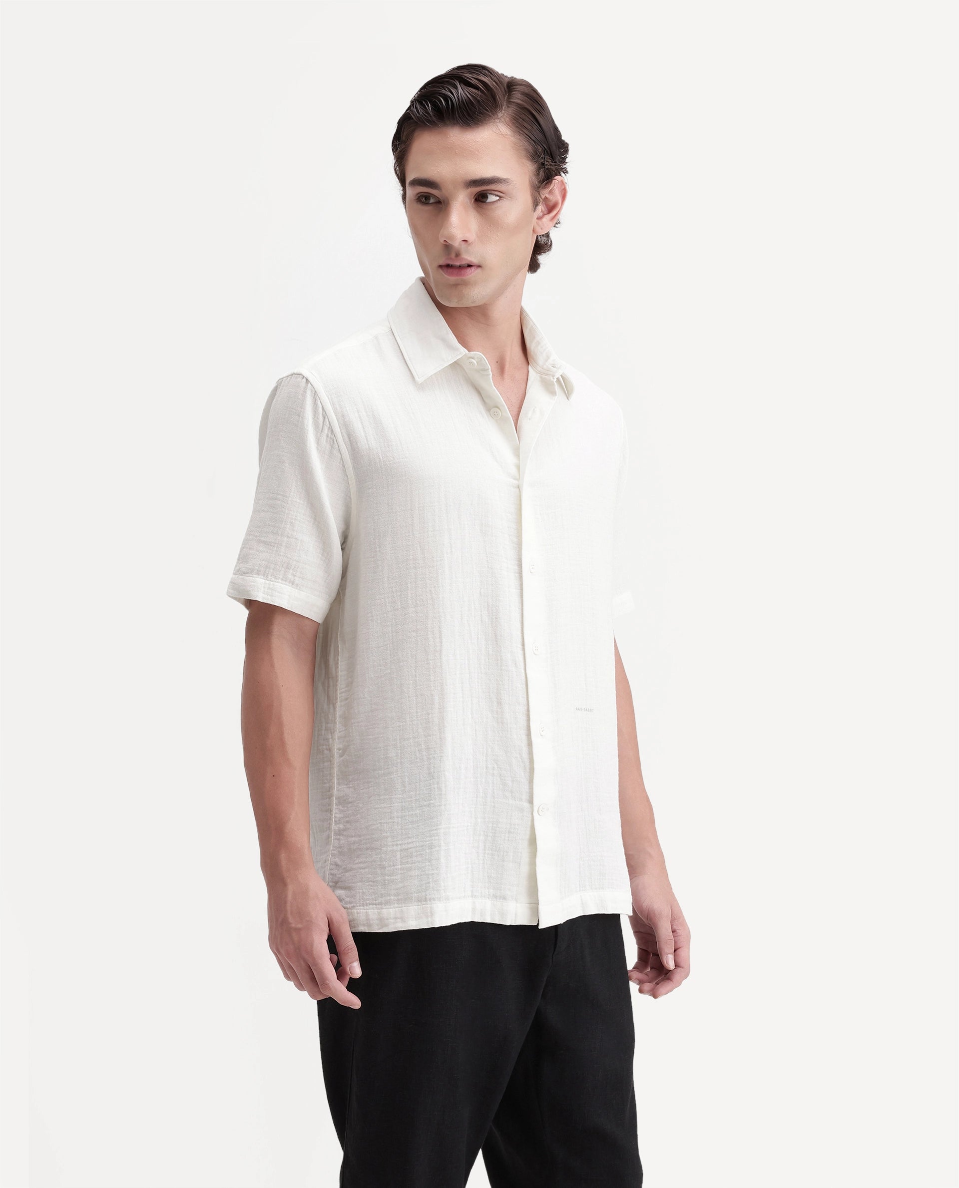 Rare Rabbit Men's Layerr Ss-A26 Off White Cotton Button Regular Fit Plain Shirt