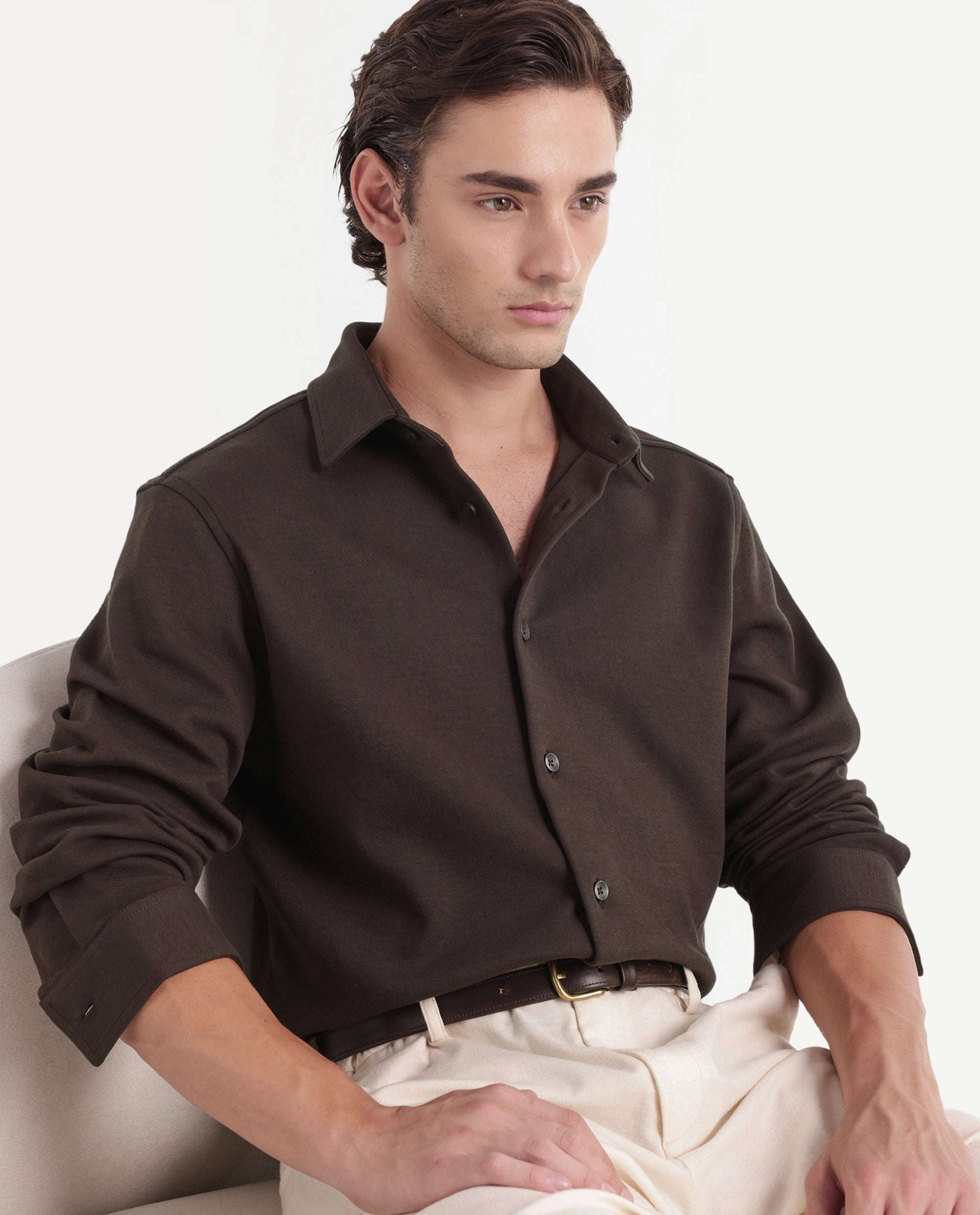 Rare Rabbit Men's Syra Brown Cotton Blend Button Relaxed Fit Plain Shirt