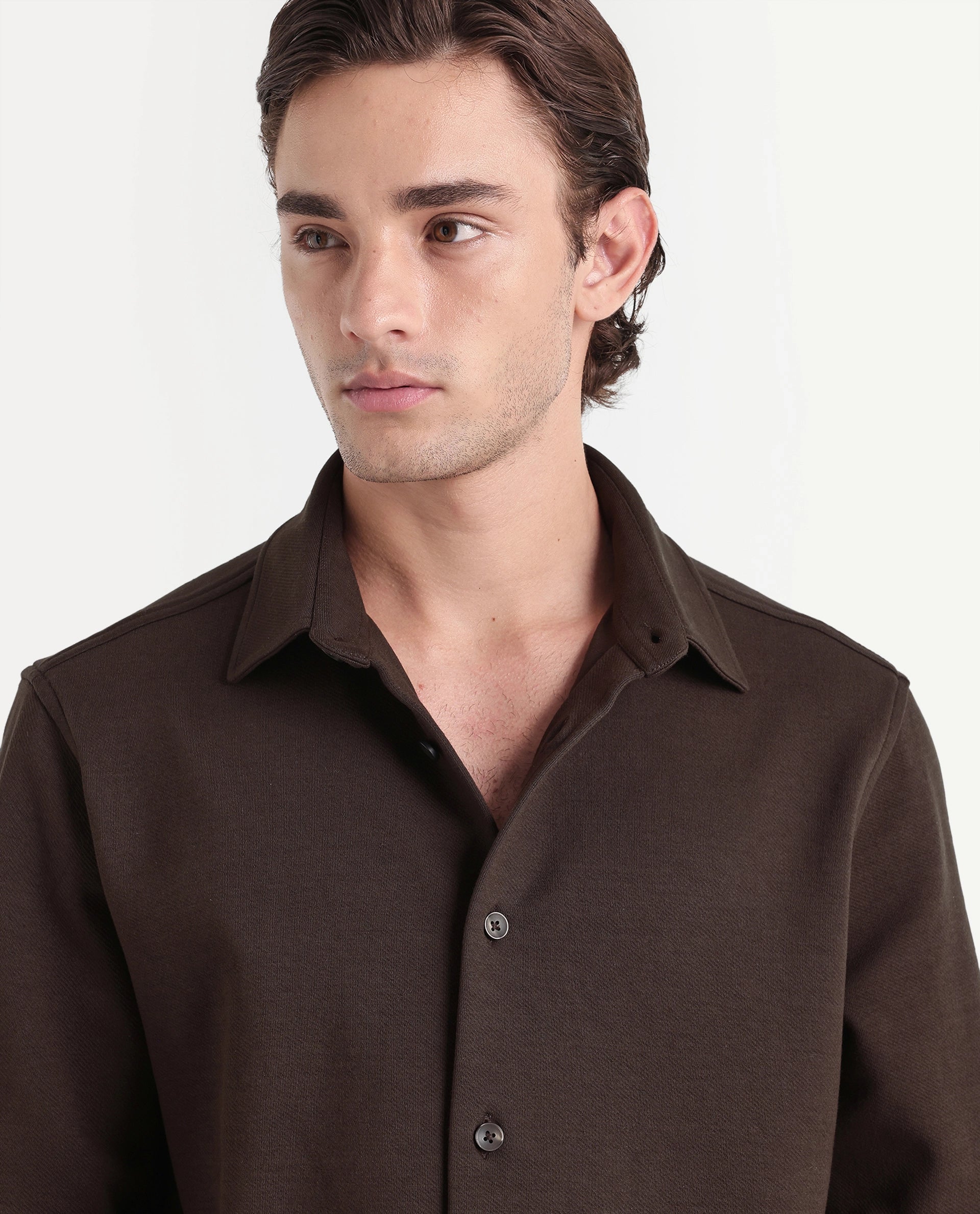 Rare Rabbit Men's Syra Brown Cotton Blend Button Relaxed Fit Plain Shirt
