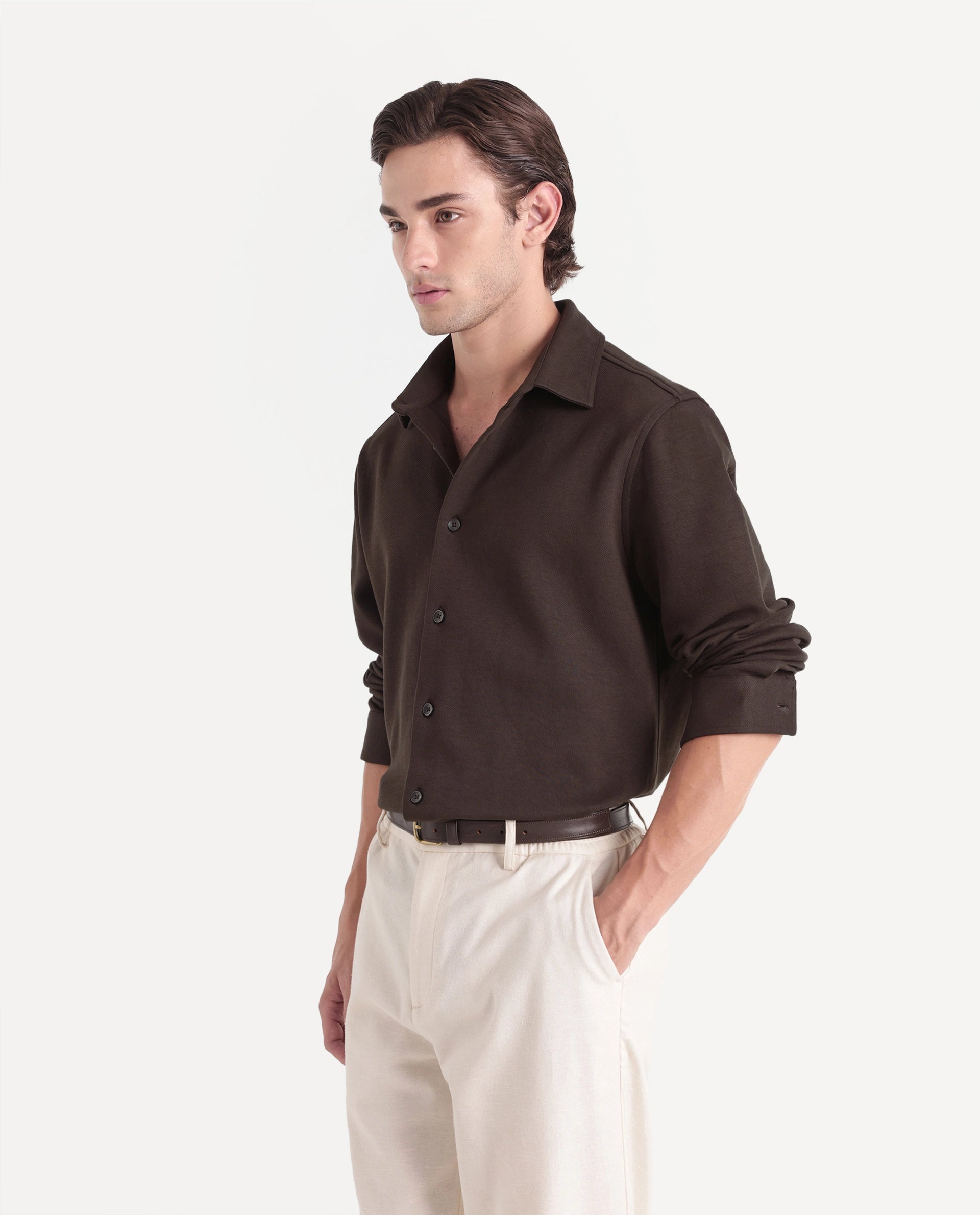 Rare Rabbit Men's Syra Brown Cotton Blend Button Relaxed Fit Plain Shirt