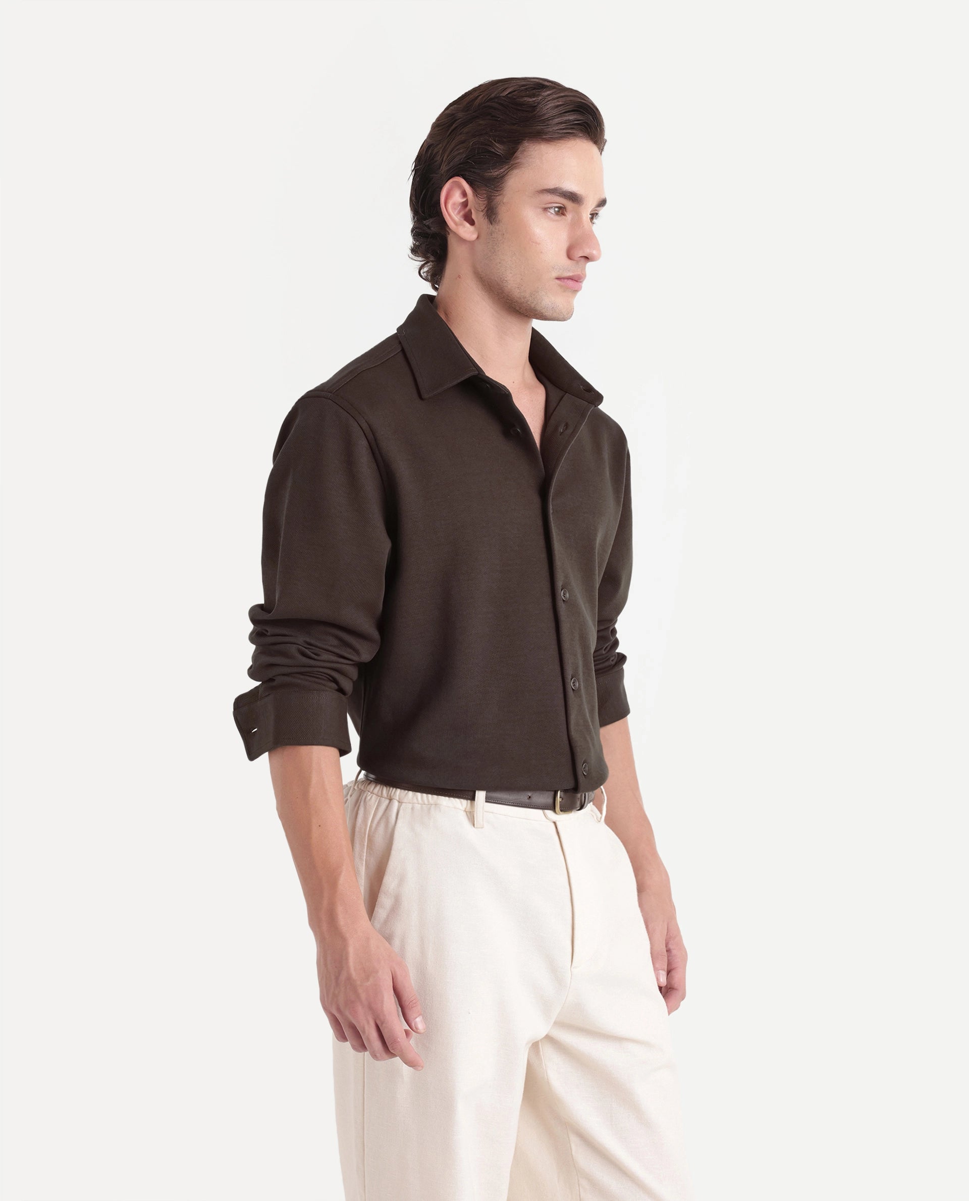 Rare Rabbit Men's Syra Brown Cotton Blend Button Relaxed Fit Plain Shirt