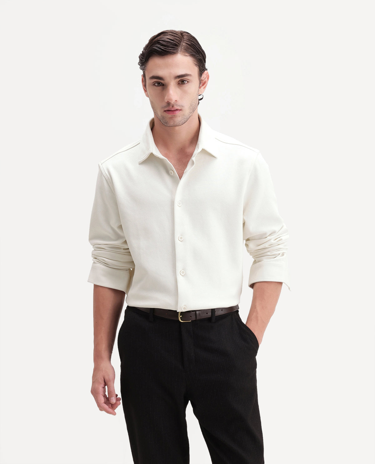 Rare Rabbit Men's Syra Off White Cotton Blend Button Relaxed Fit Plain Shirt
