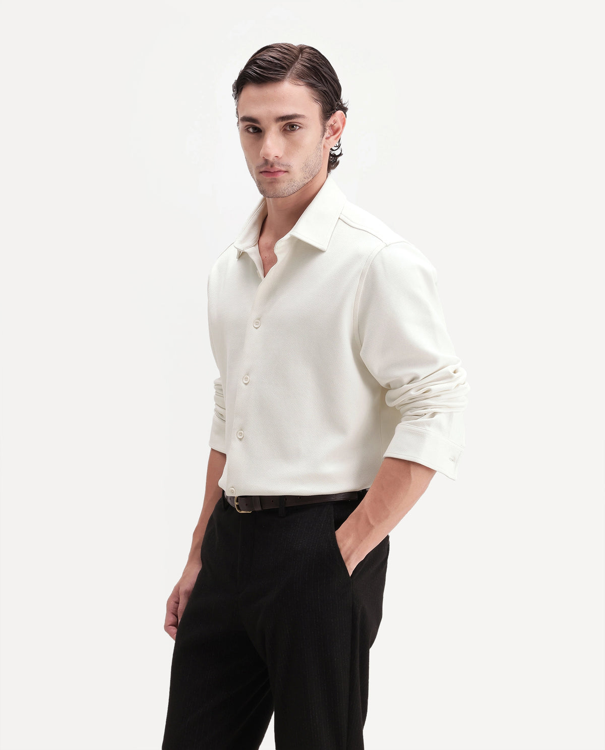 Rare Rabbit Men's Syra Off White Cotton Blend Button Relaxed Fit Plain Shirt