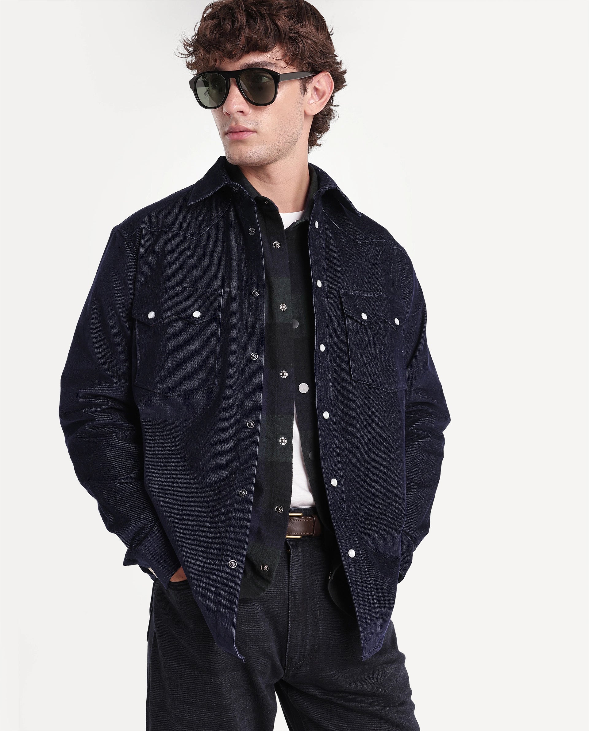 Rare Rabbit Men's Gary Blue Cotton Blend Button Regular Fit Plain Shirt