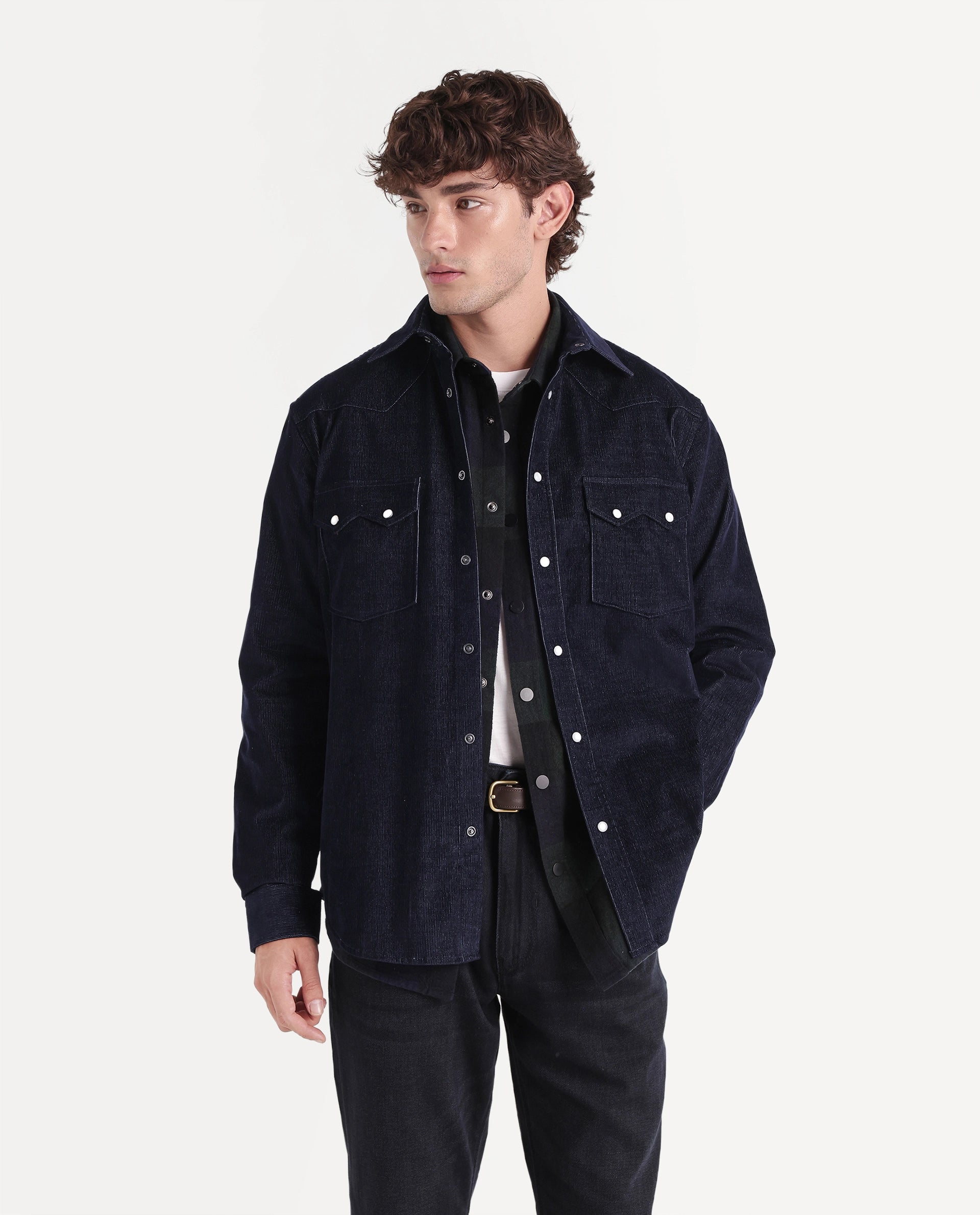 Rare Rabbit Men's Gary Blue Cotton Blend Button Regular Fit Plain Shirt