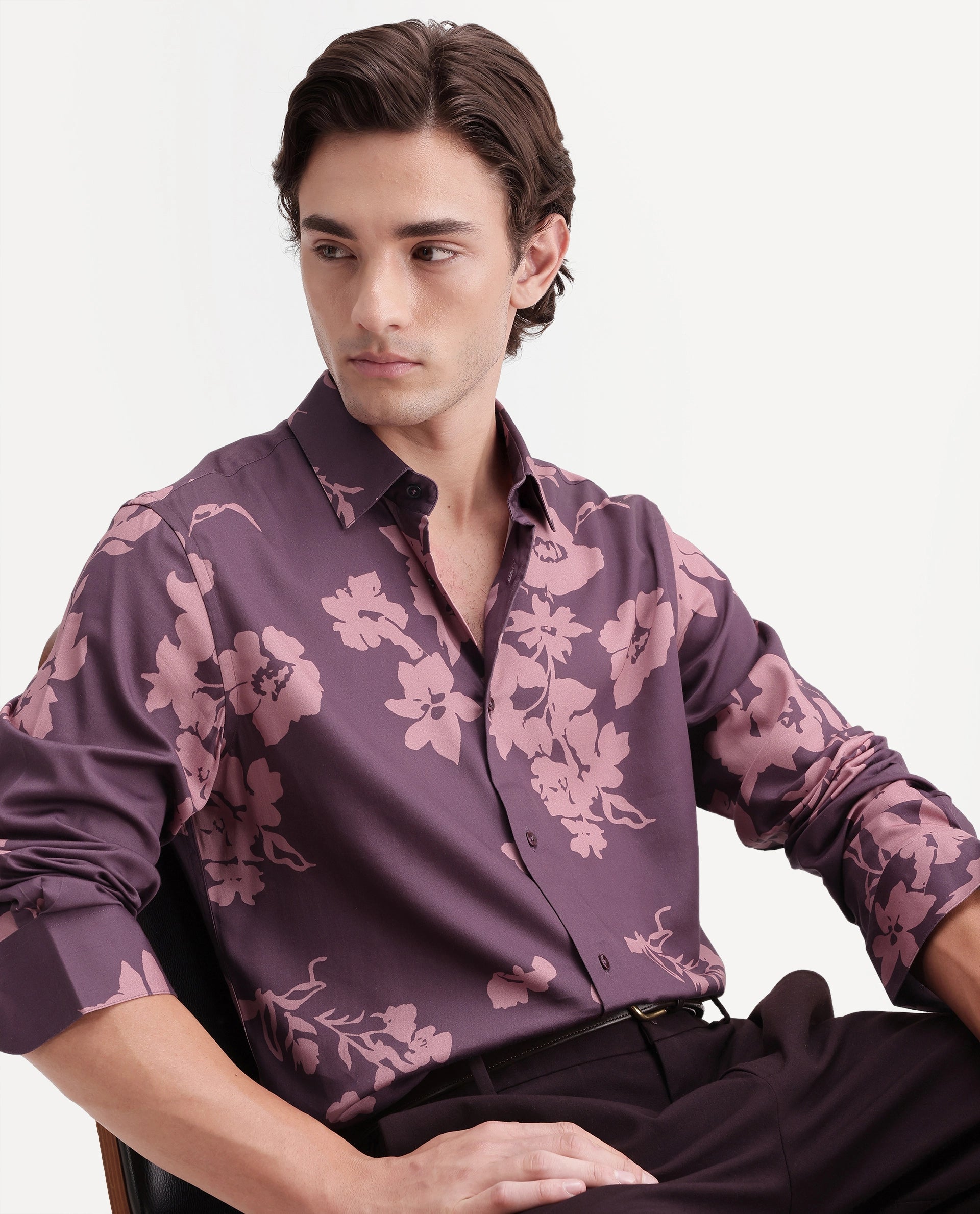 Rare Rabbit Men's Floru Dark Purple Cotton Blend Button Regular Fit Floral Print Shirt