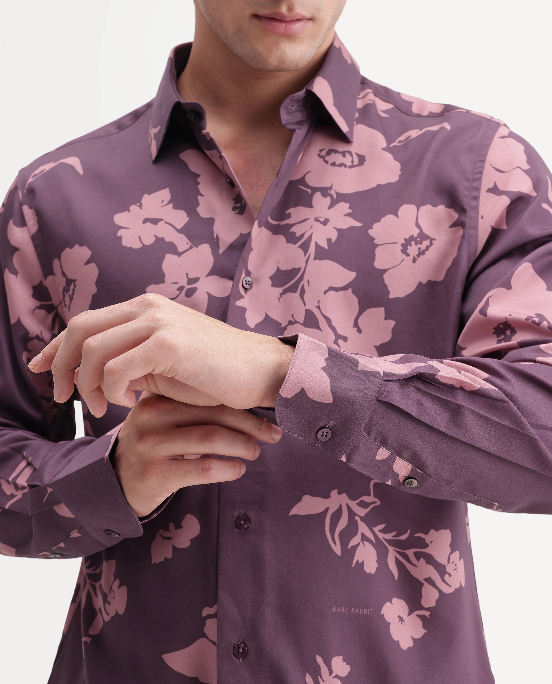 Rare Rabbit Men's Floru Dark Purple Cotton Blend Button Regular Fit Floral Print Shirt