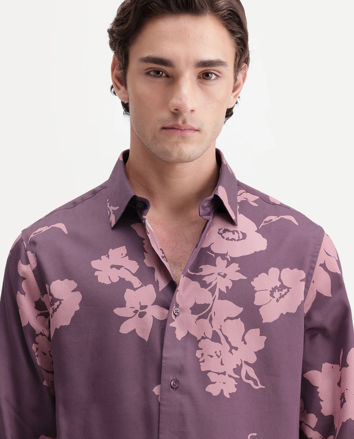 Rare Rabbit Men's Floru Dark Purple Cotton Blend Button Regular Fit Floral Print Shirt