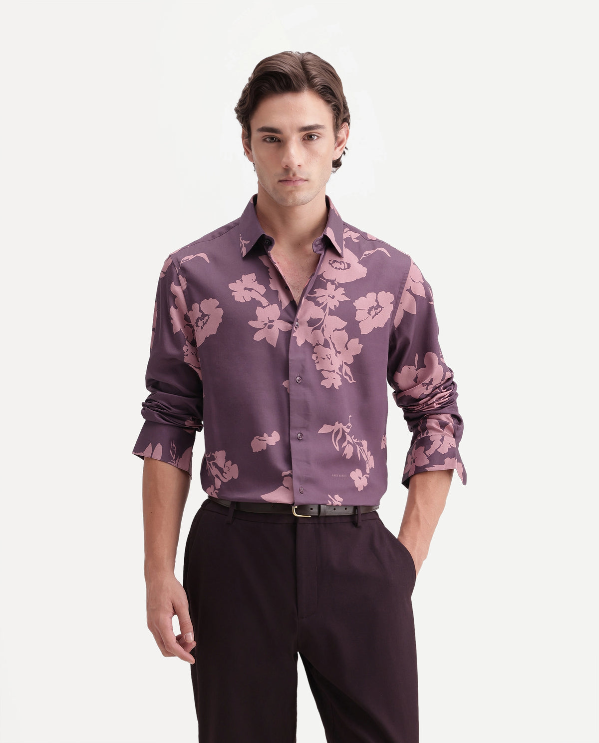 Rare Rabbit Men's Floru Dark Purple Cotton Blend Button Regular Fit Floral Print Shirt