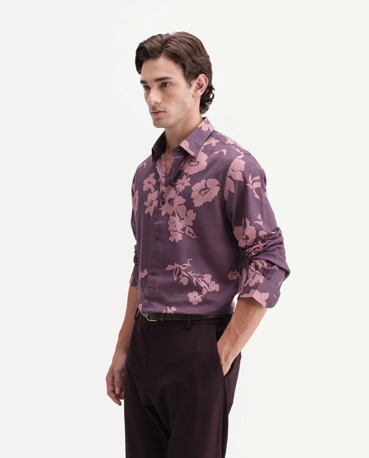 Rare Rabbit Men's Floru Dark Purple Cotton Blend Button Regular Fit Floral Print Shirt