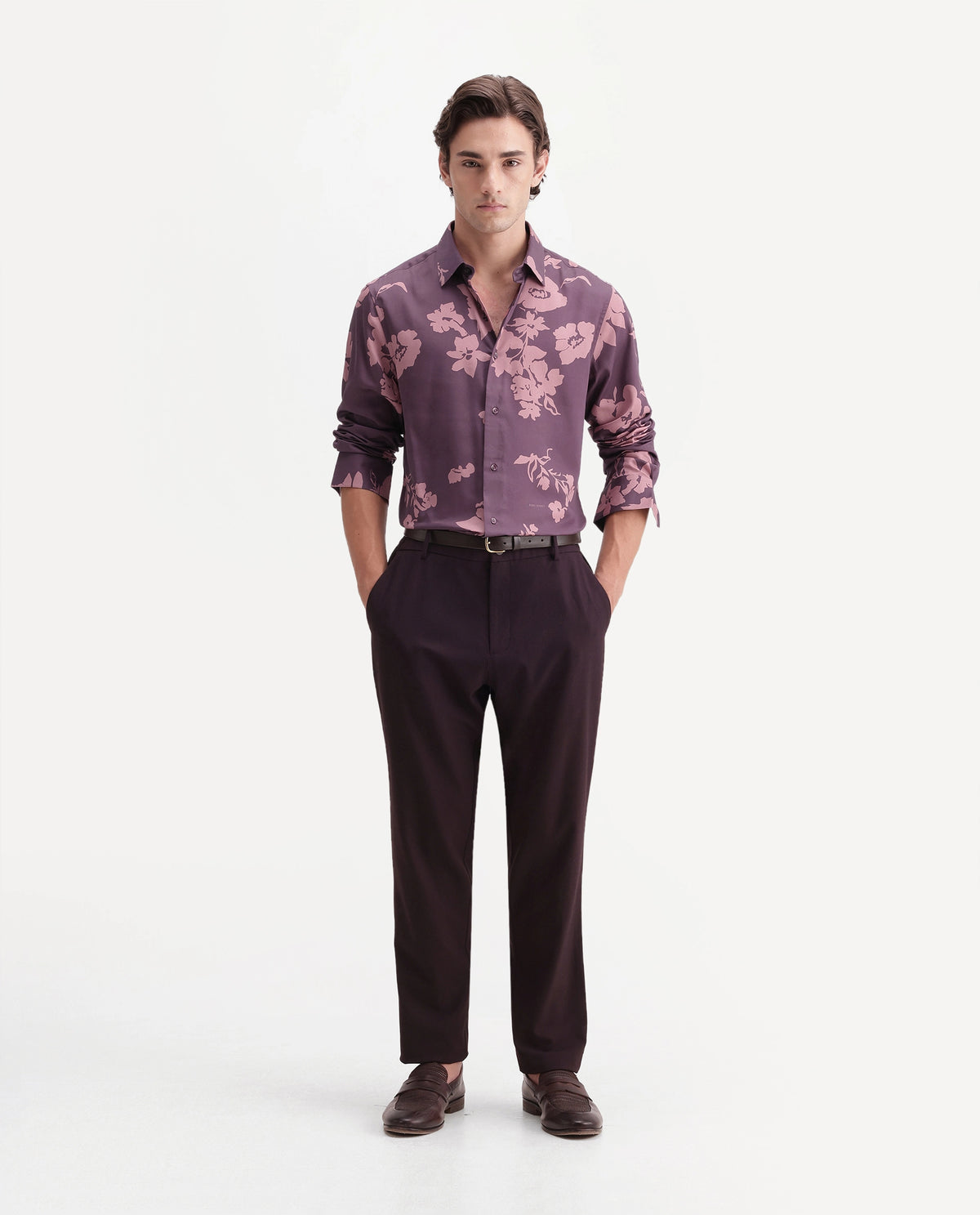 Rare Rabbit Men's Floru Dark Purple Cotton Blend Button Regular Fit Floral Print Shirt
