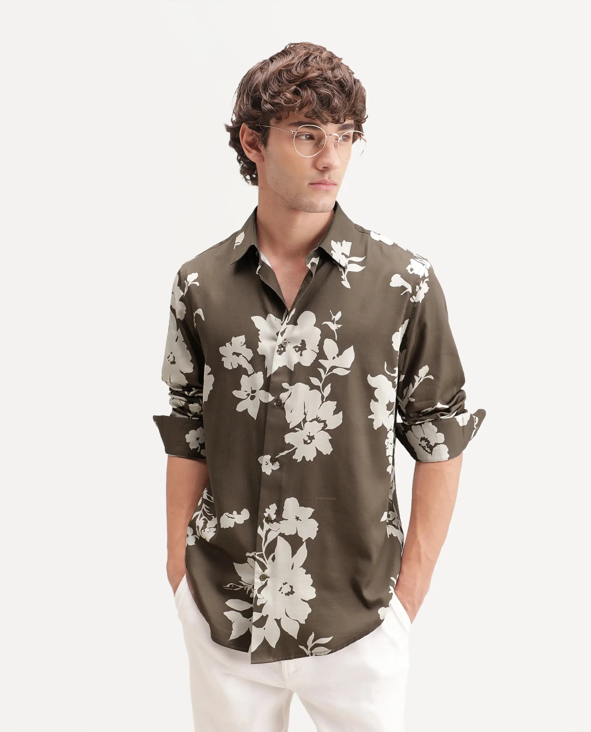 Rare Rabbit Men's Floru Brown Cotton Blend Button Regular Fit Floral Print Shirt