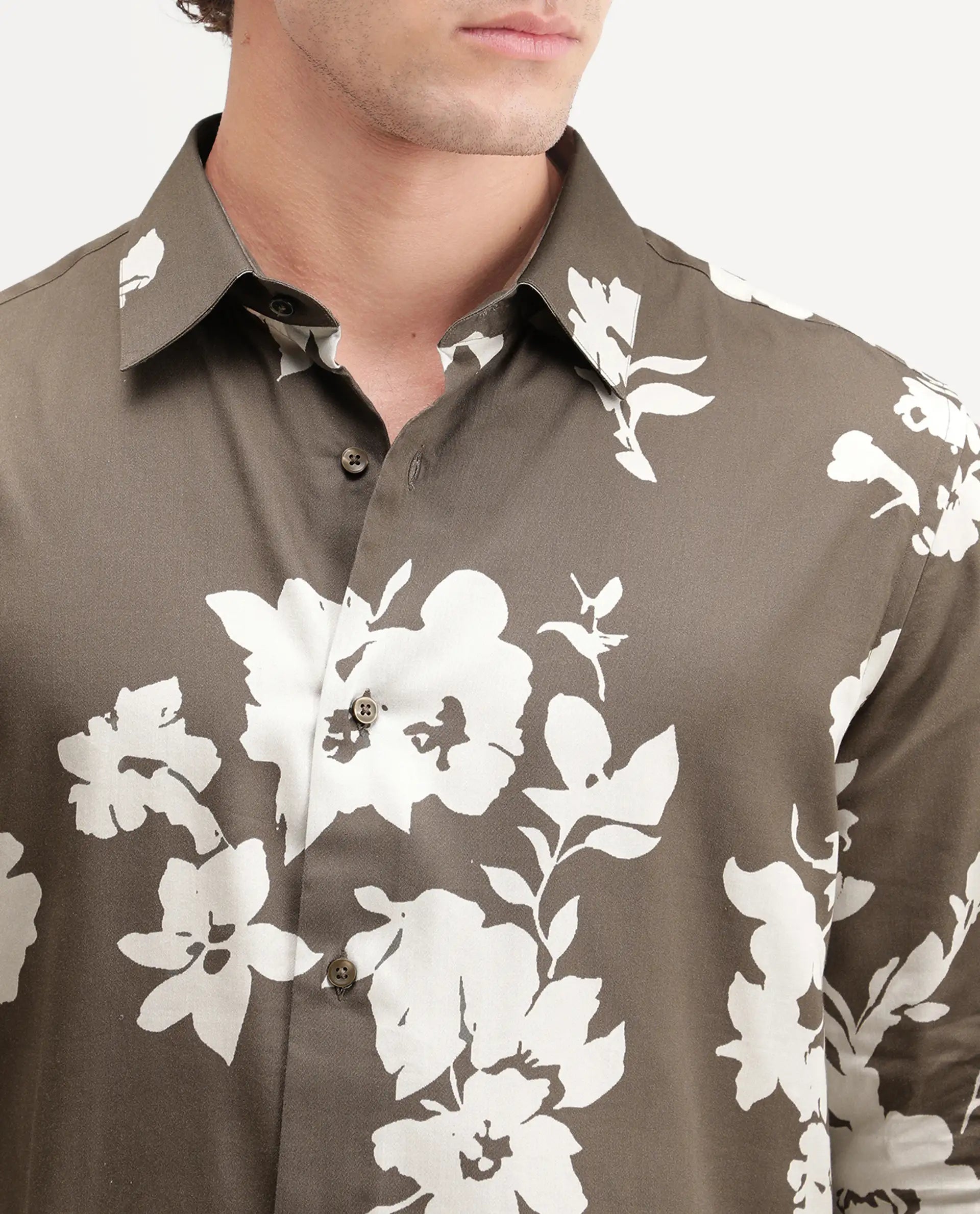 Rare Rabbit Men's Floru Brown Cotton Blend Button Regular Fit Floral Print Shirt