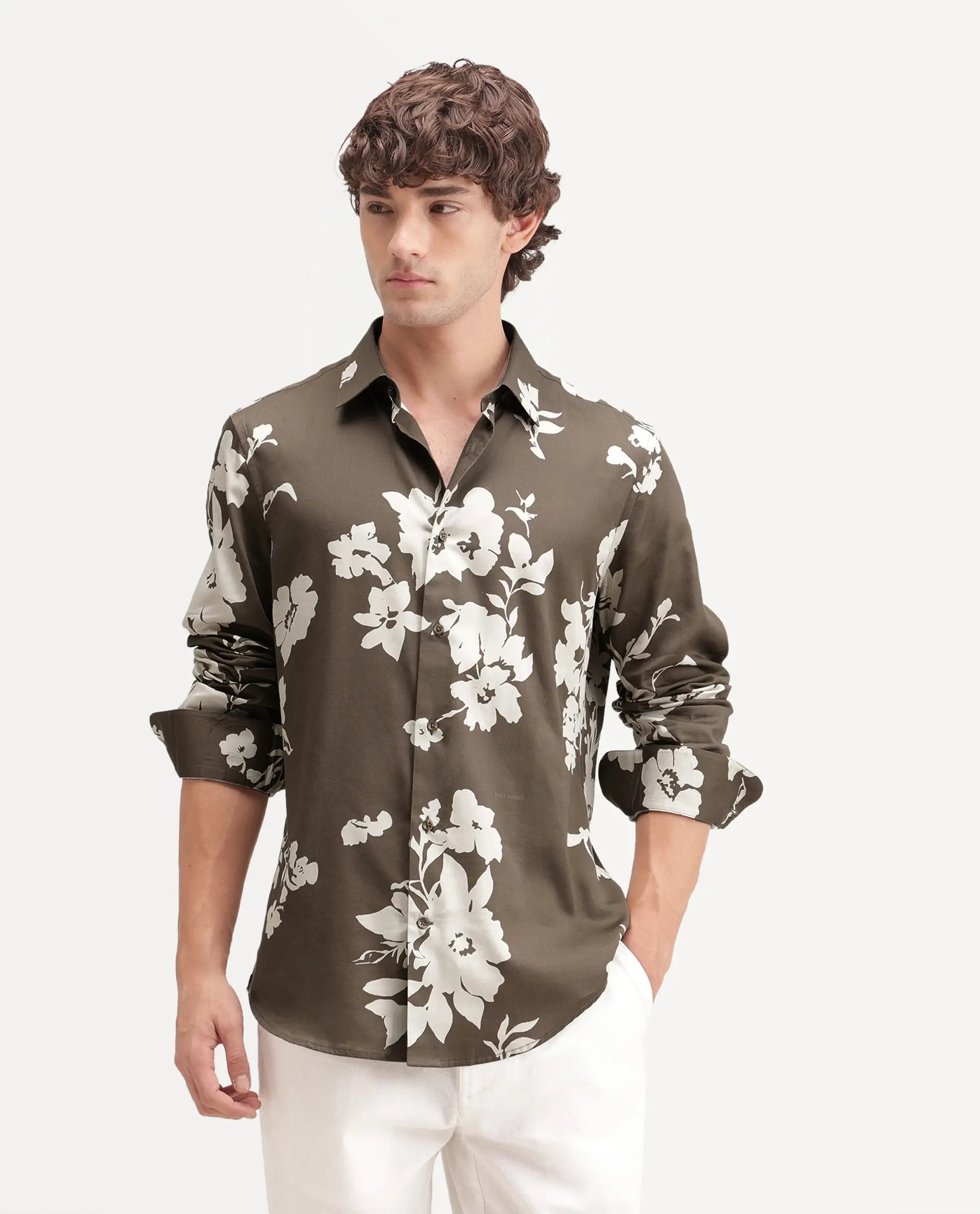 Rare Rabbit Men's Floru Brown Cotton Blend Button Regular Fit Floral Print Shirt