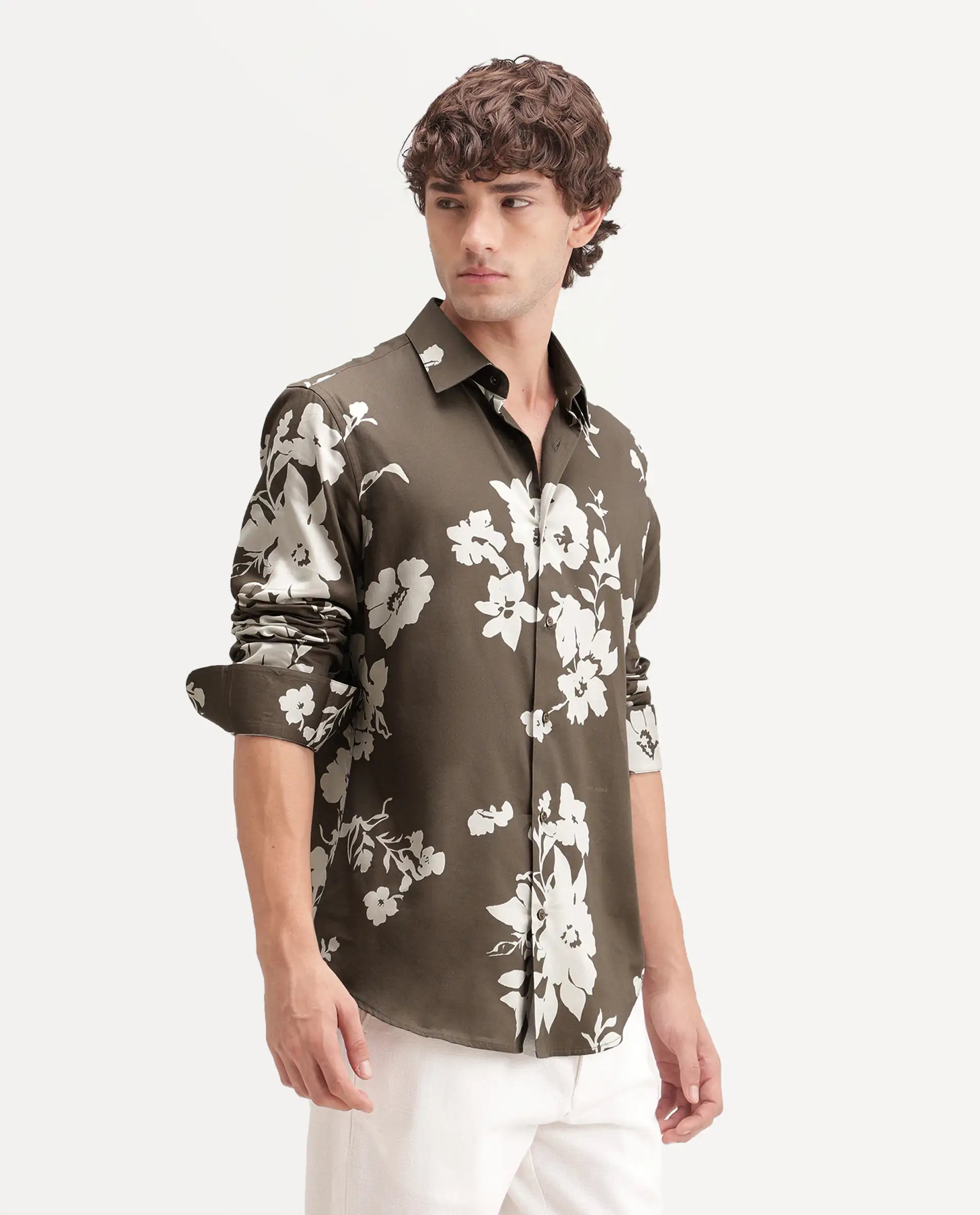 Rare Rabbit Men's Floru Brown Cotton Blend Button Regular Fit Floral Print Shirt