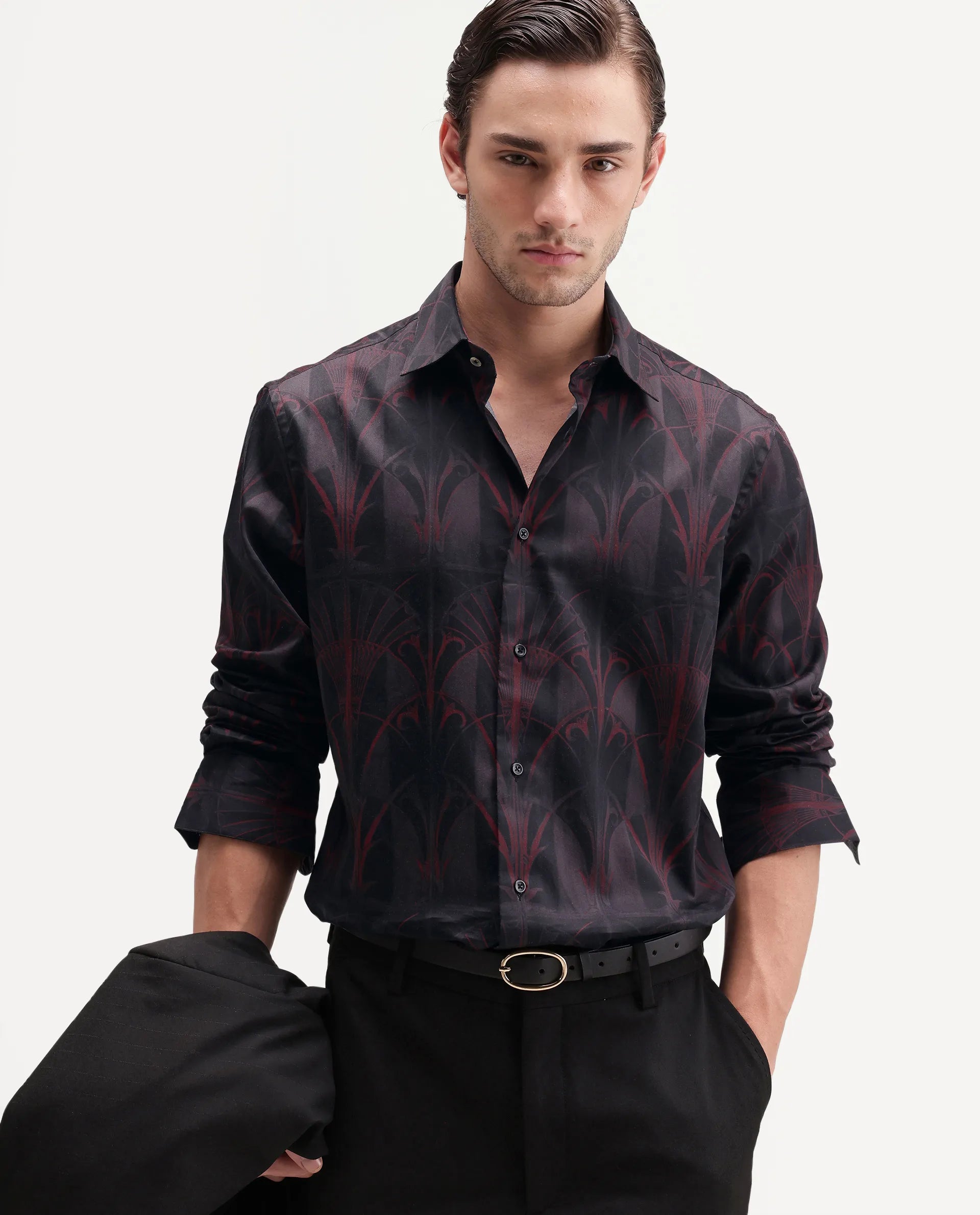 Rare Rabbit Men's Deco Dark Black Cotton Button Regular Fit Decorative Print Shirt