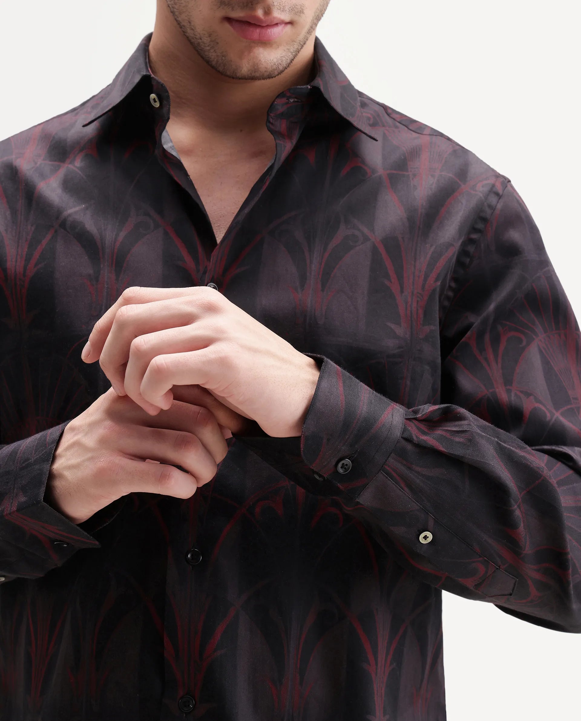 Rare Rabbit Men's Deco Dark Black Cotton Button Regular Fit Decorative Print Shirt