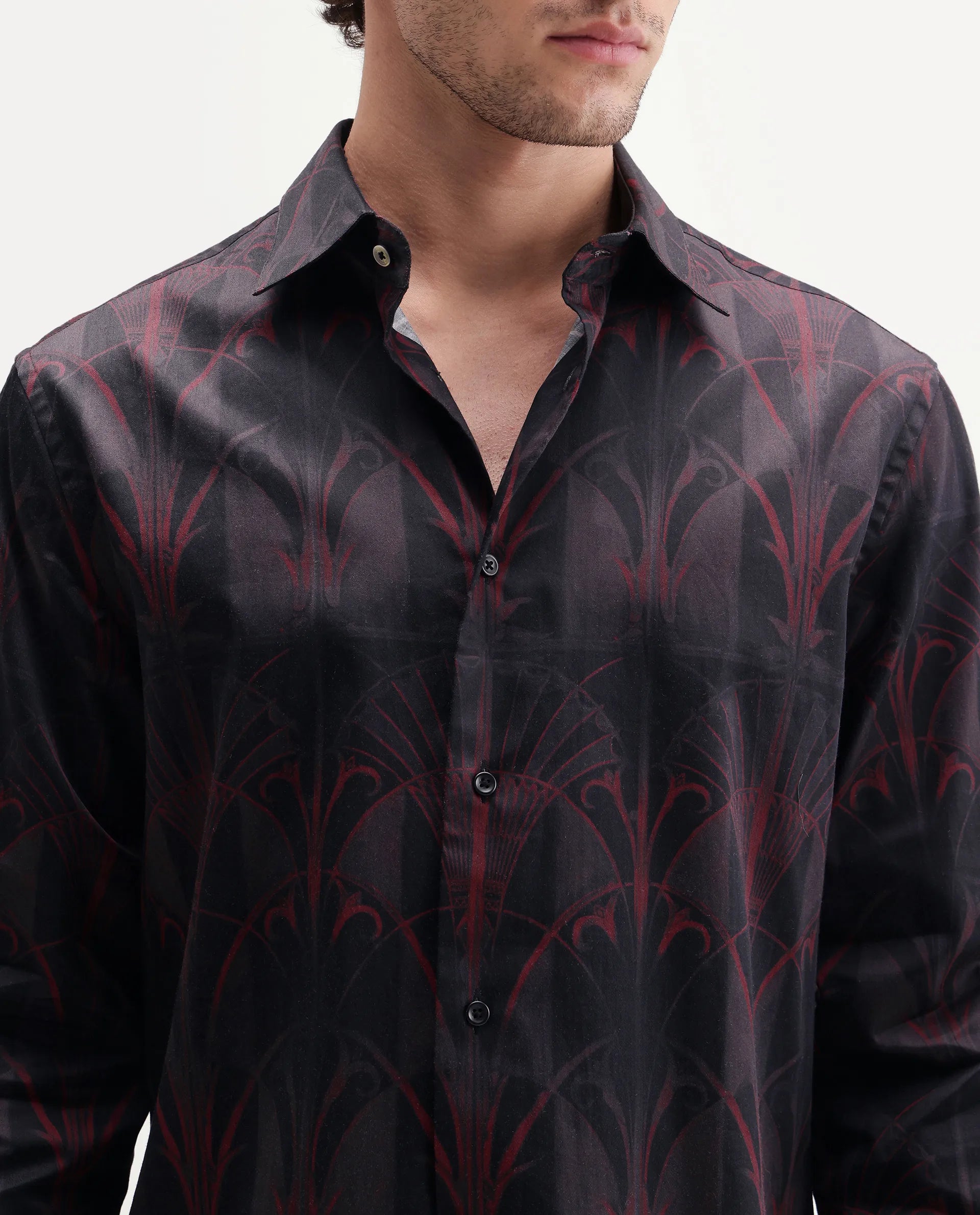 Rare Rabbit Men's Deco Dark Black Cotton Button Regular Fit Decorative Print Shirt
