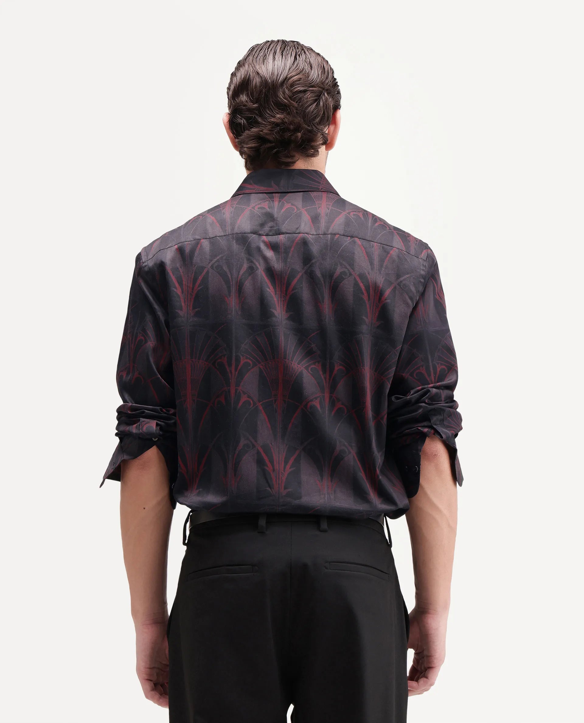 Rare Rabbit Men's Deco Dark Black Cotton Button Regular Fit Decorative Print Shirt