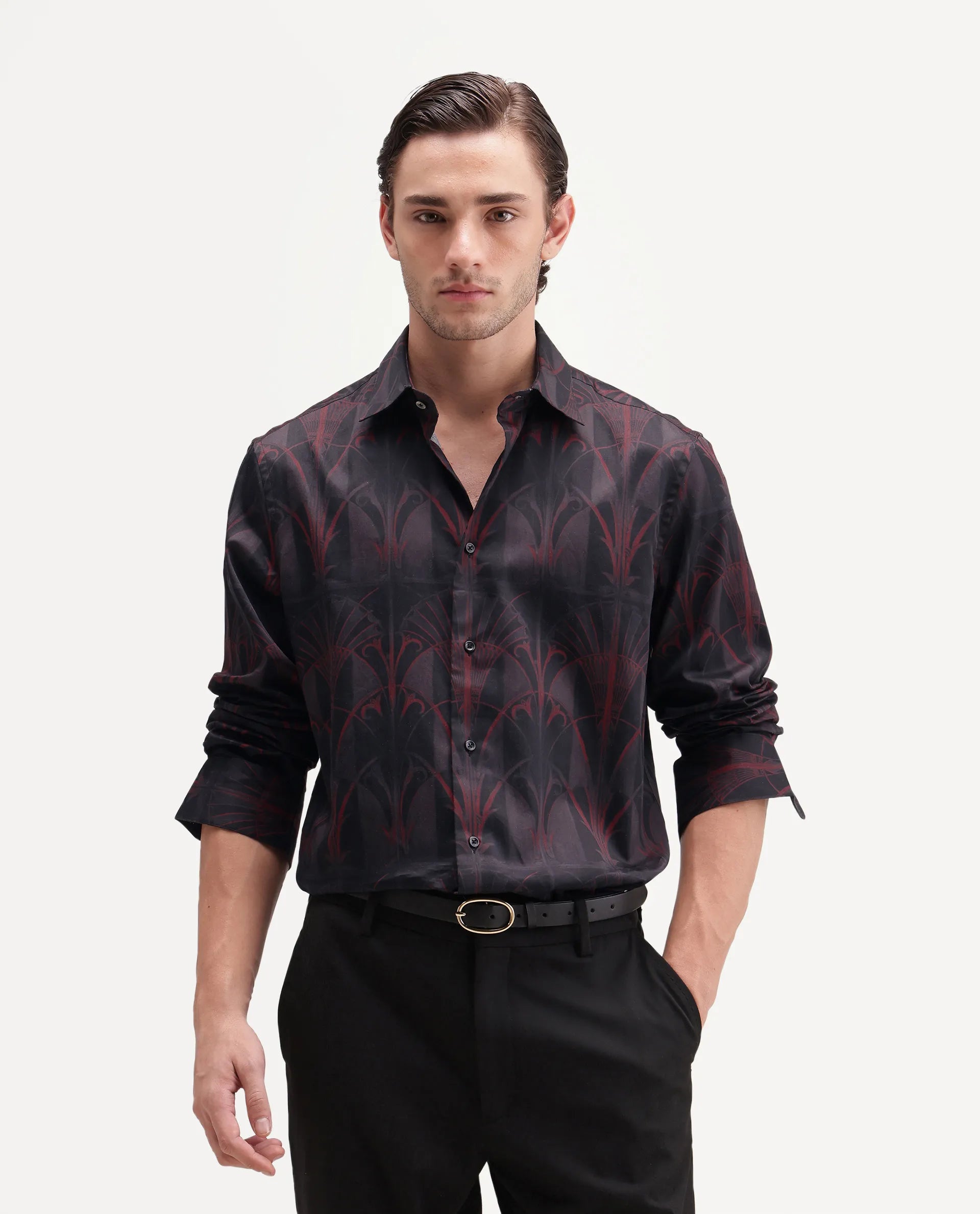 Rare Rabbit Men's Deco Dark Black Cotton Button Regular Fit Decorative Print Shirt