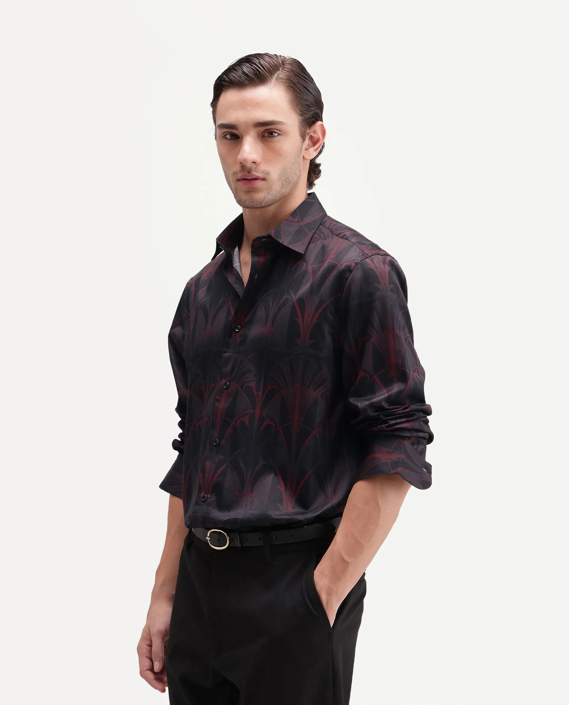 Rare Rabbit Men's Deco Dark Black Cotton Button Regular Fit Decorative Print Shirt