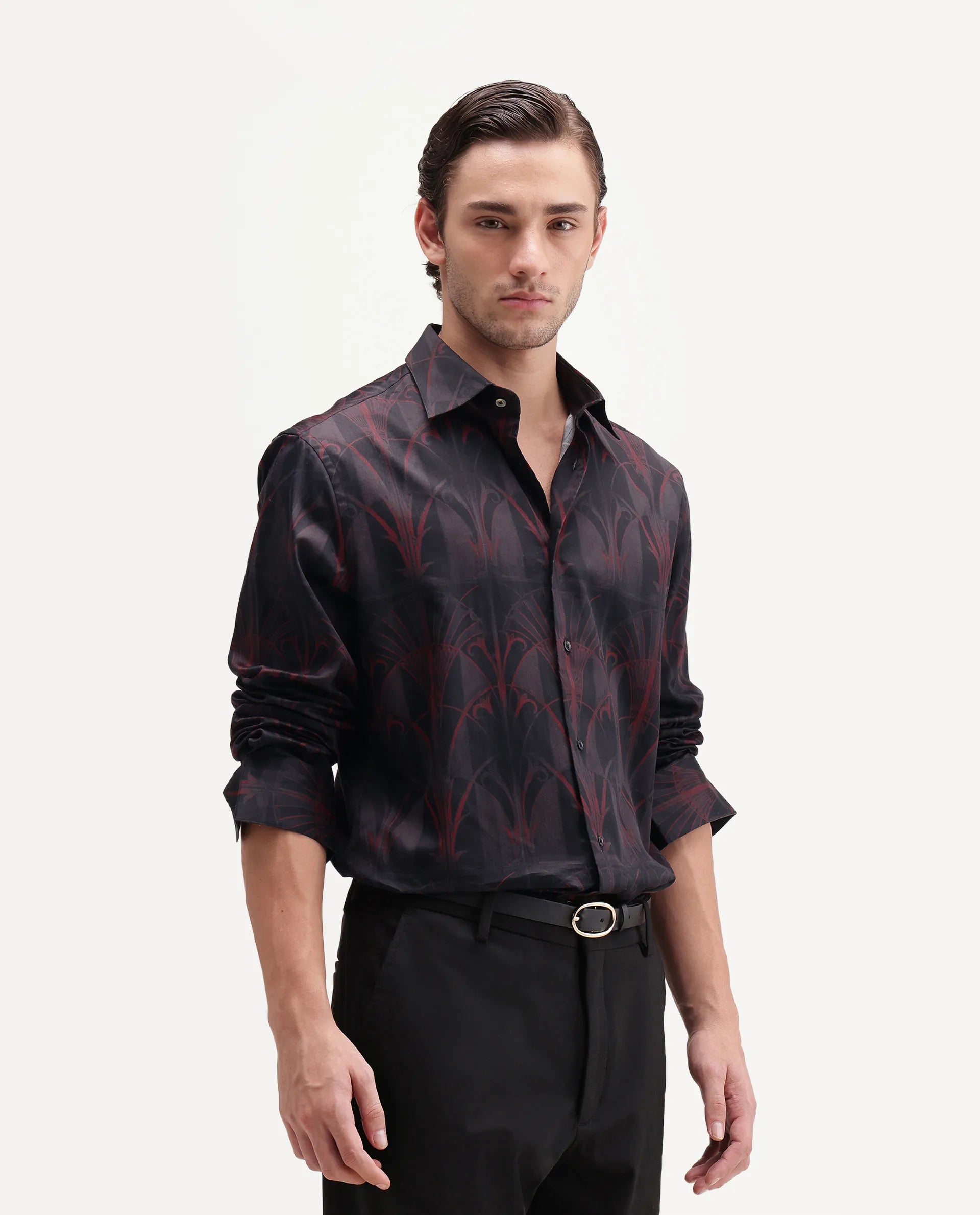 Rare Rabbit Men's Deco Dark Black Cotton Button Regular Fit Decorative Print Shirt