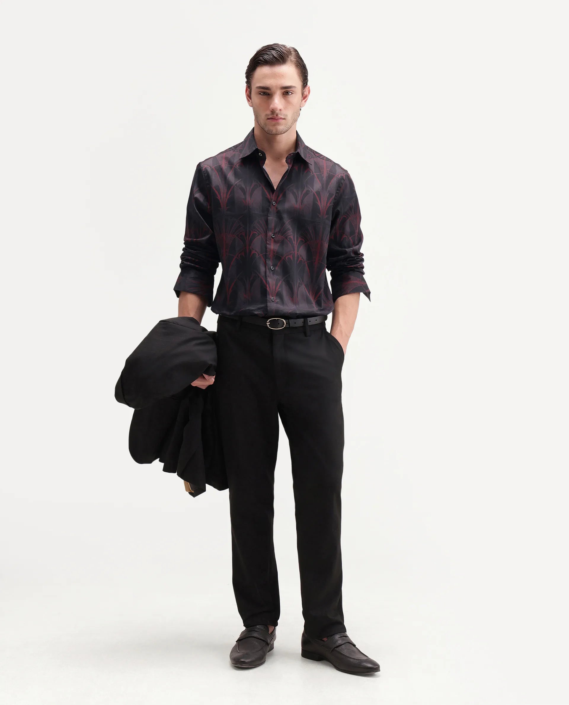 Rare Rabbit Men's Deco Dark Black Cotton Button Regular Fit Decorative Print Shirt