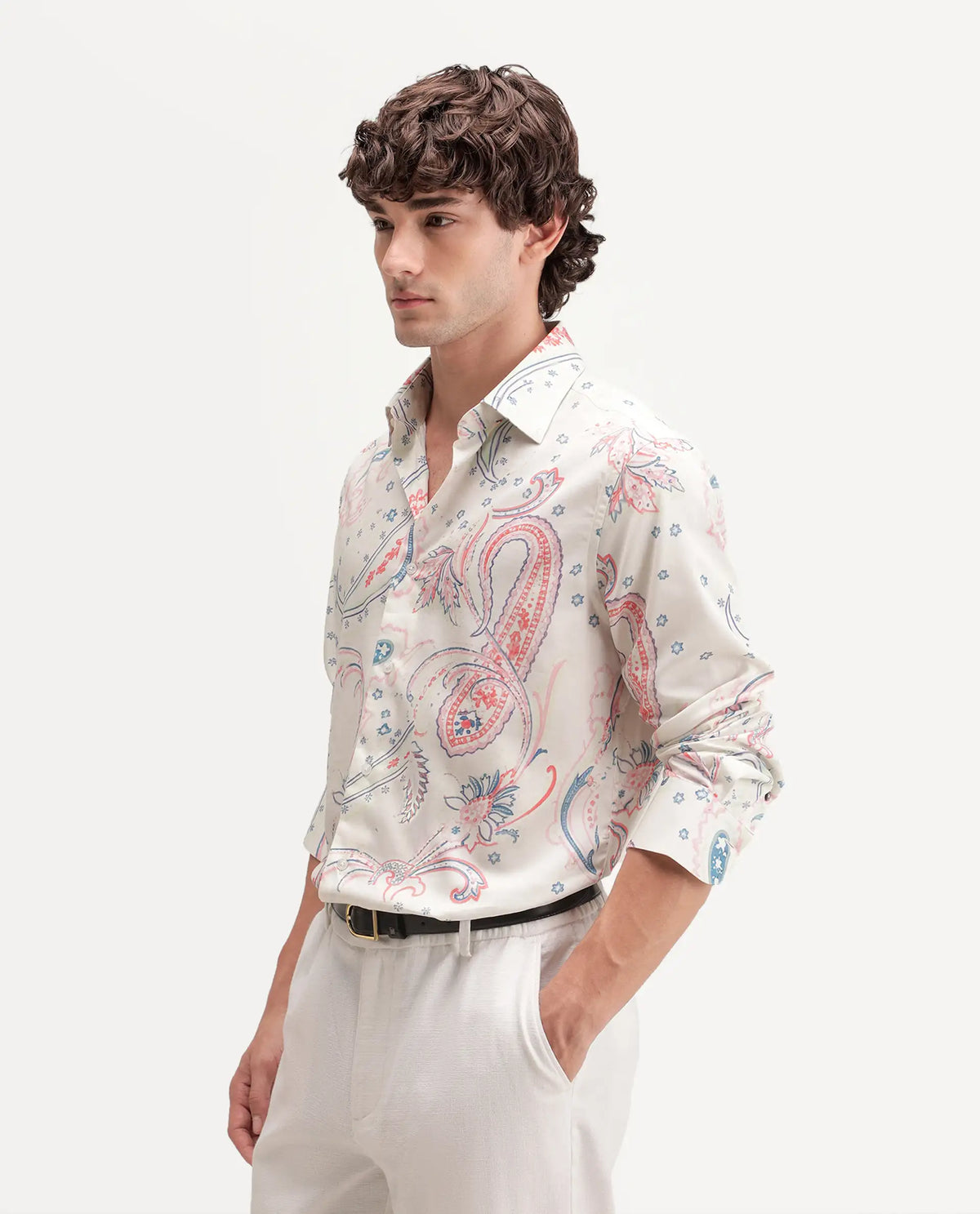 Rare Rabbit Men's Etpo White Cotton Blend Button Regular Fit Paisley Print Shirt