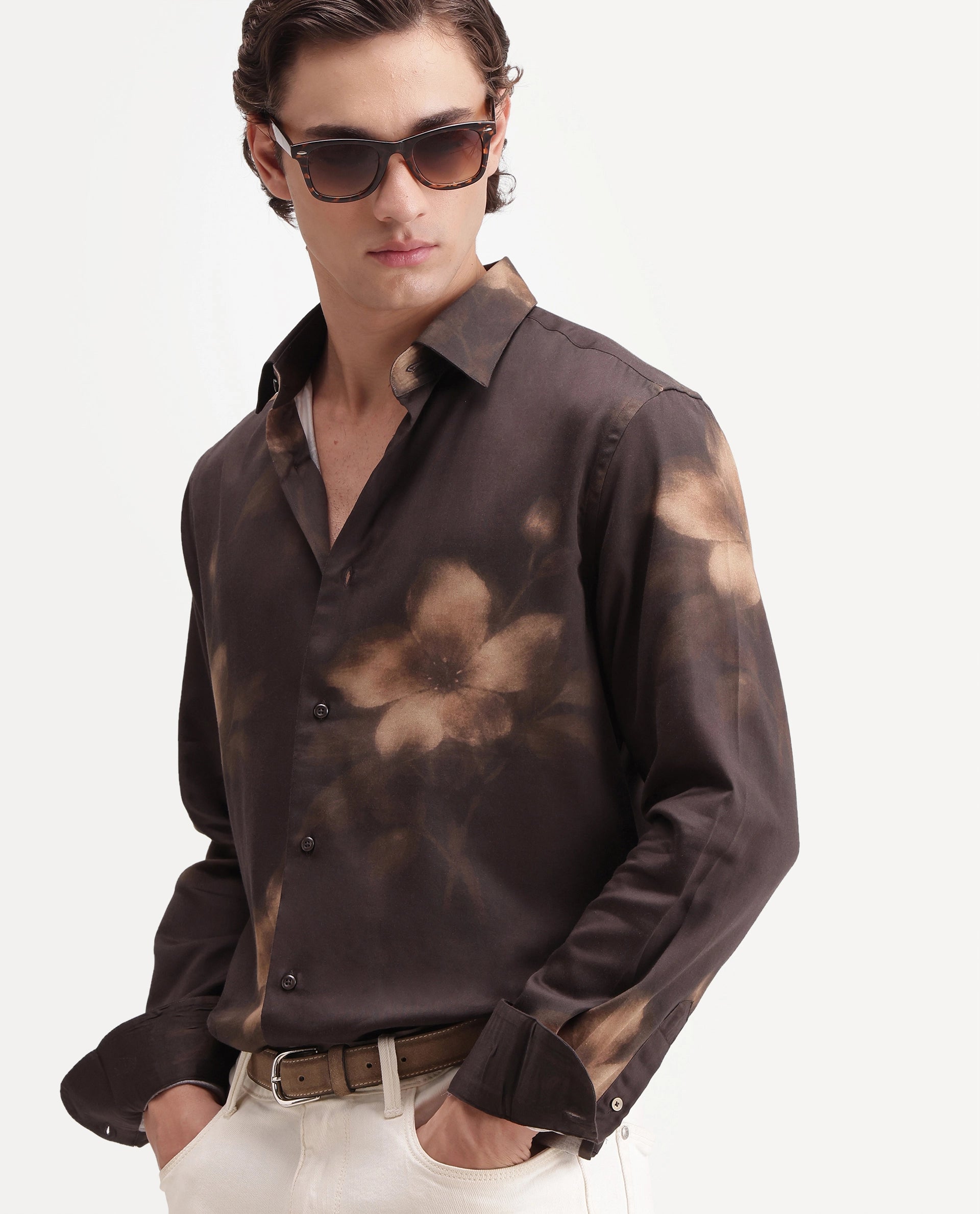 Rare Rabbit Men's Glide Brown Cotton Blend Button Regular Fit Floral Print Shirt