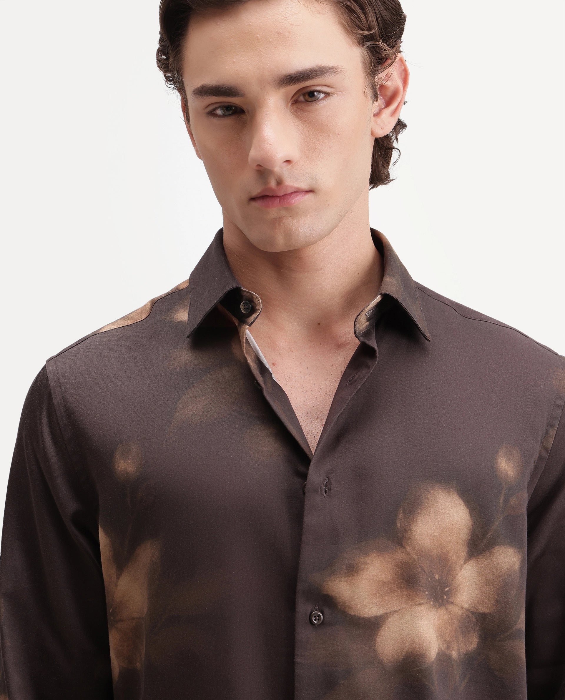 Rare Rabbit Men's Glide Brown Cotton Blend Button Regular Fit Floral Print Shirt