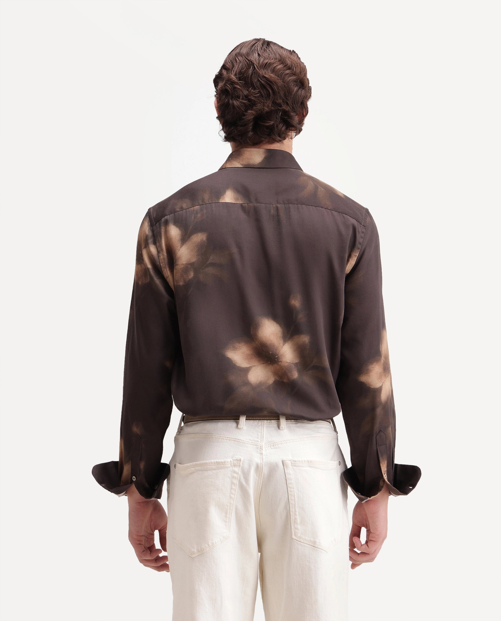 Rare Rabbit Men's Glide Brown Cotton Blend Button Regular Fit Floral Print Shirt