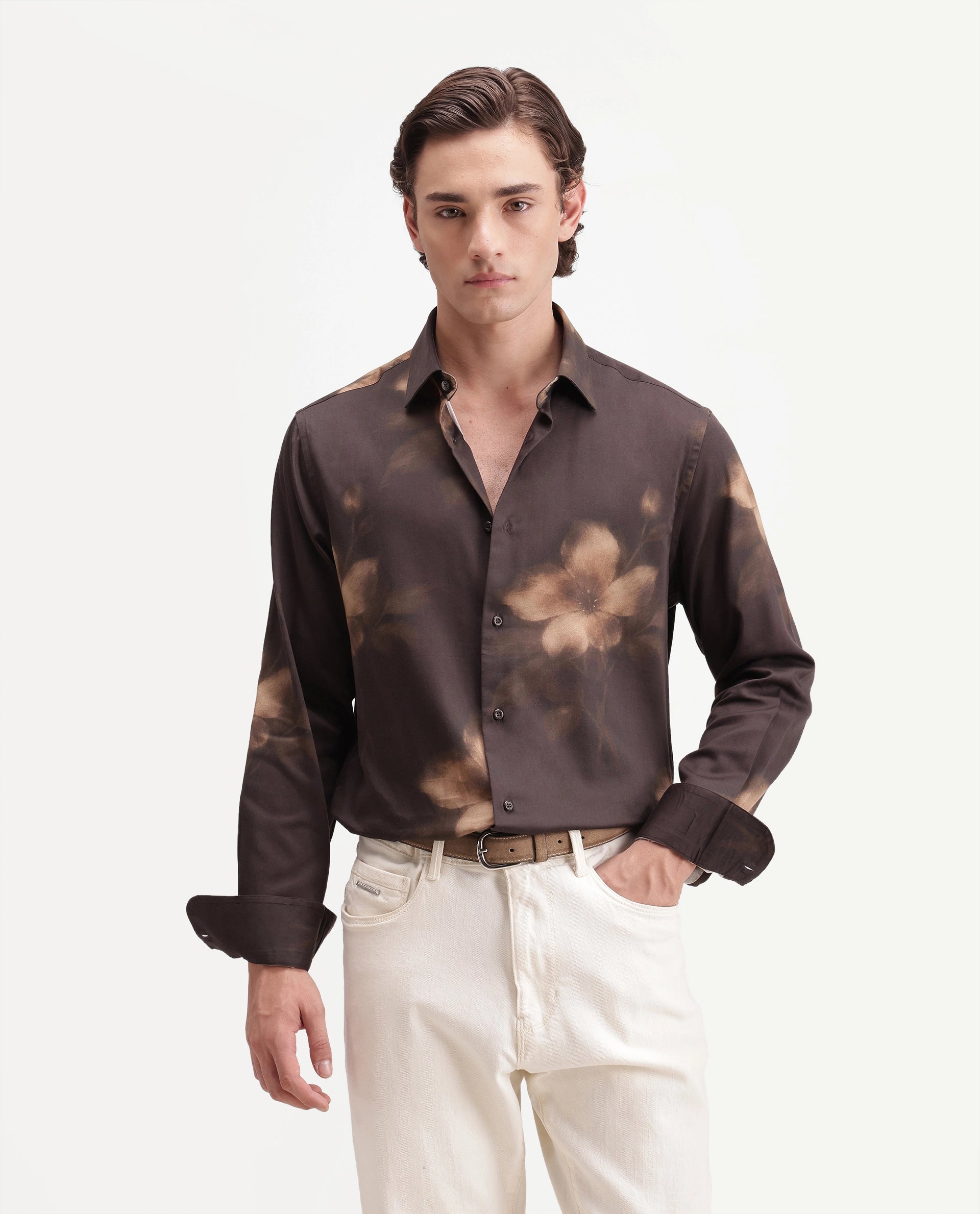 Rare Rabbit Men's Glide Brown Cotton Blend Button Regular Fit Floral Print Shirt