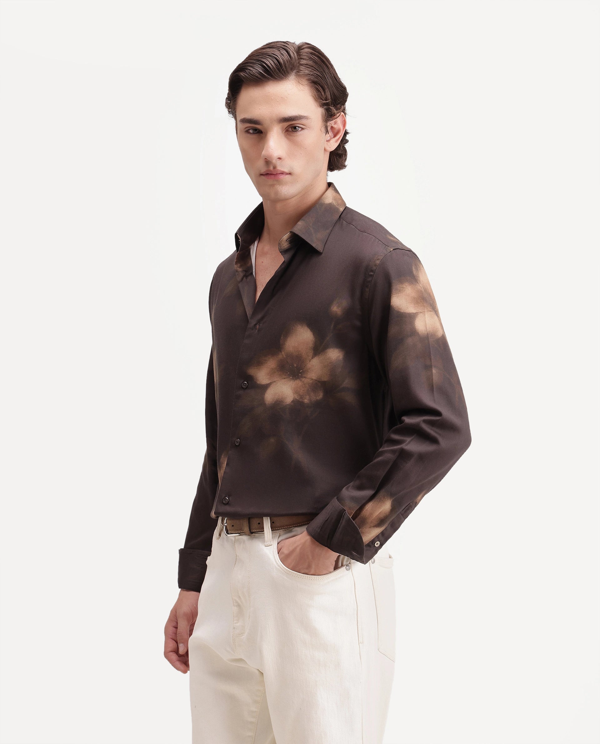 Rare Rabbit Men's Glide Brown Cotton Blend Button Regular Fit Floral Print Shirt
