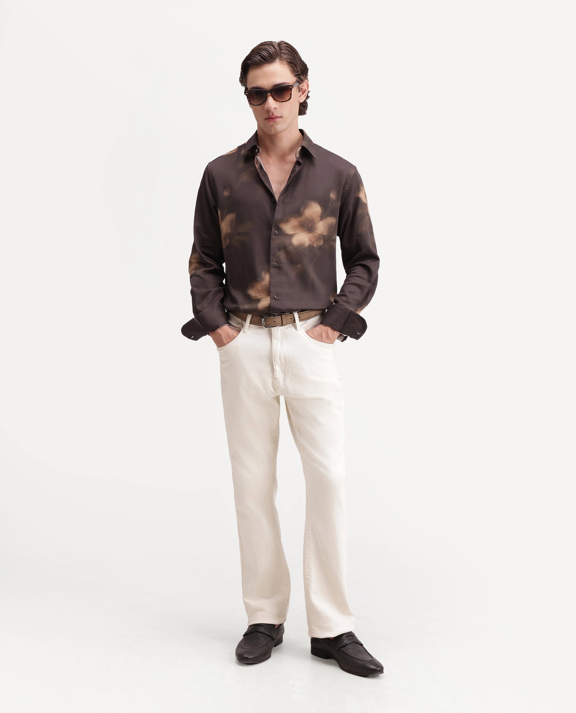 Rare Rabbit Men's Glide Brown Cotton Blend Button Regular Fit Floral Print Shirt