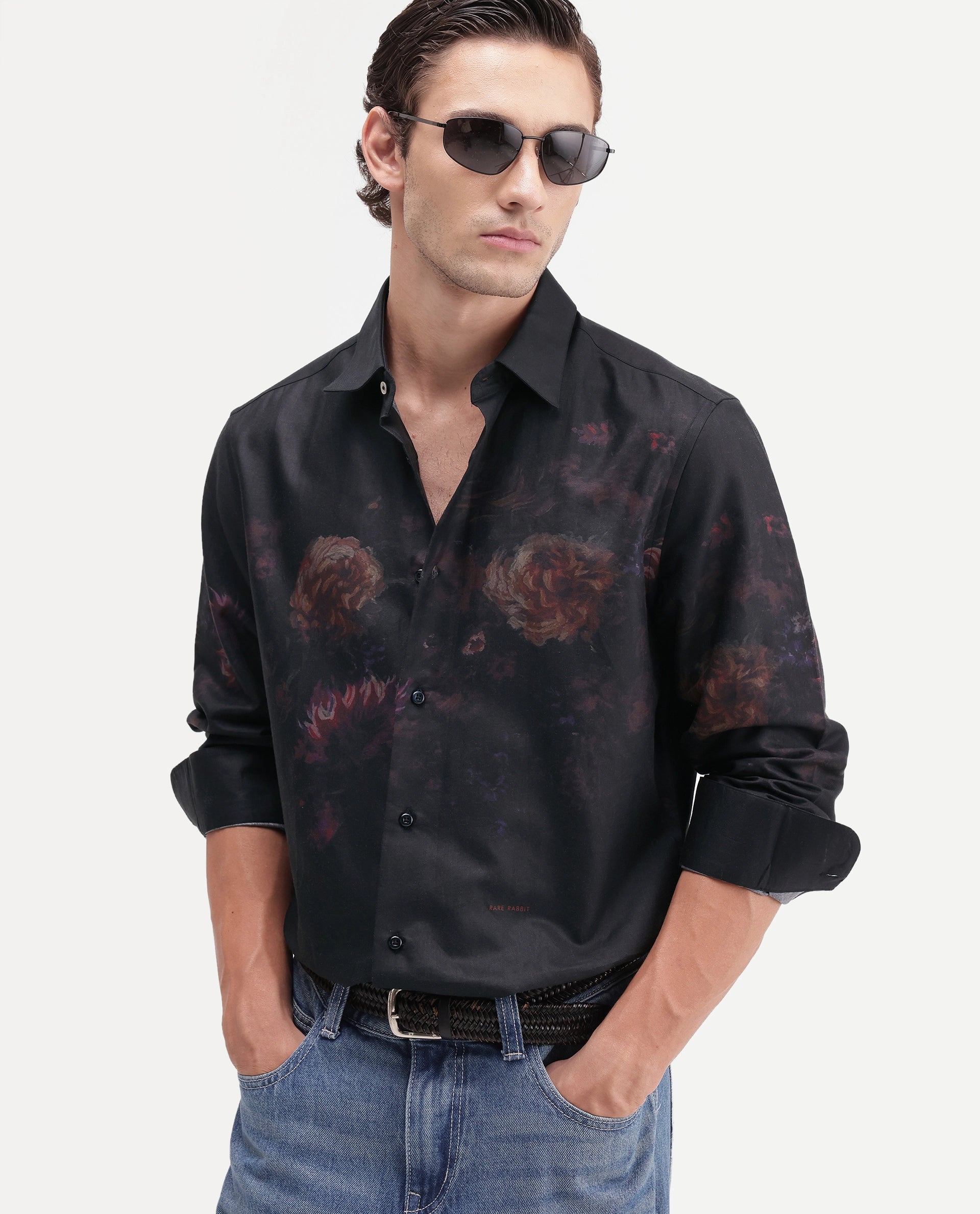 Rare Rabbit Men's Gyde Black Cotton Blend Button Regular Fit Floral Print Shirt